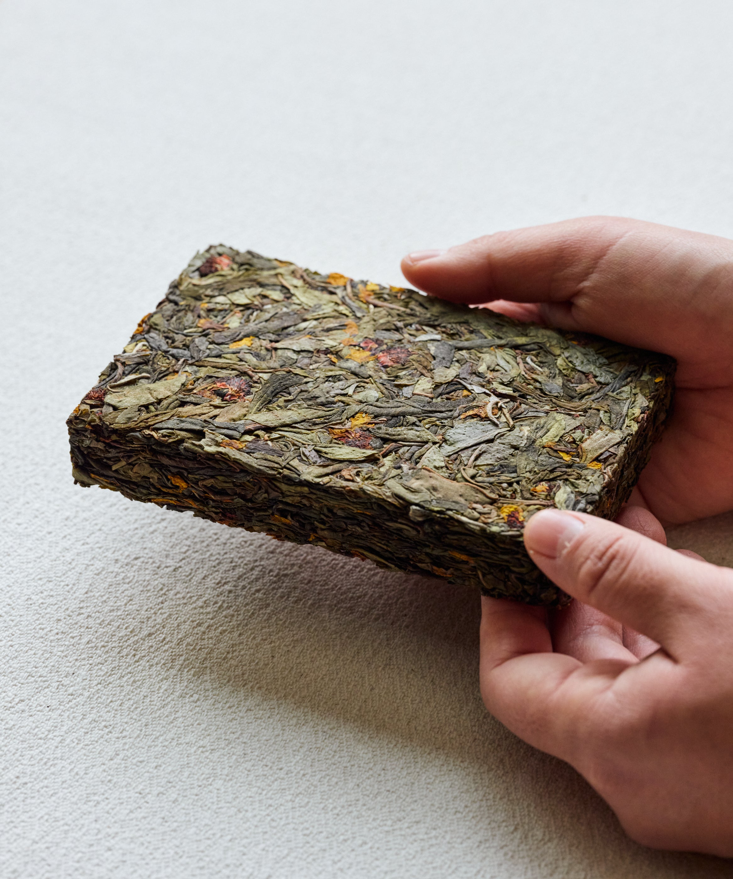 Detail of Snow Chrysanthemum & Pu'erh showing sheng pu'erh leaves with Kunlun Mountain snow chrysanthemum