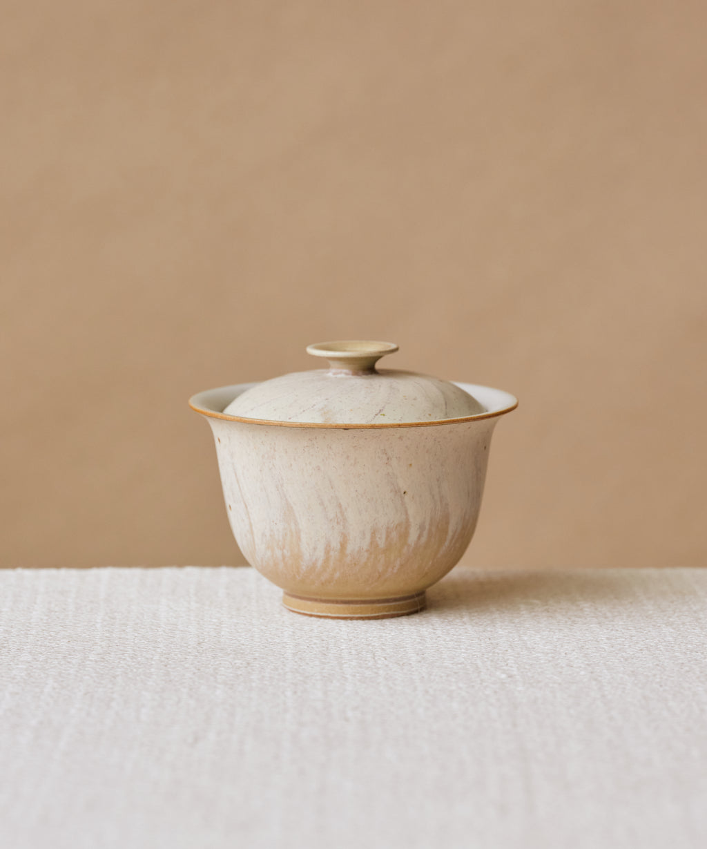 Matte Blush Gaiwan, handcrafted gaiwan by Wang Xinghua, Jingdezhen, limestone pink glaze with sandy brushstrokes
