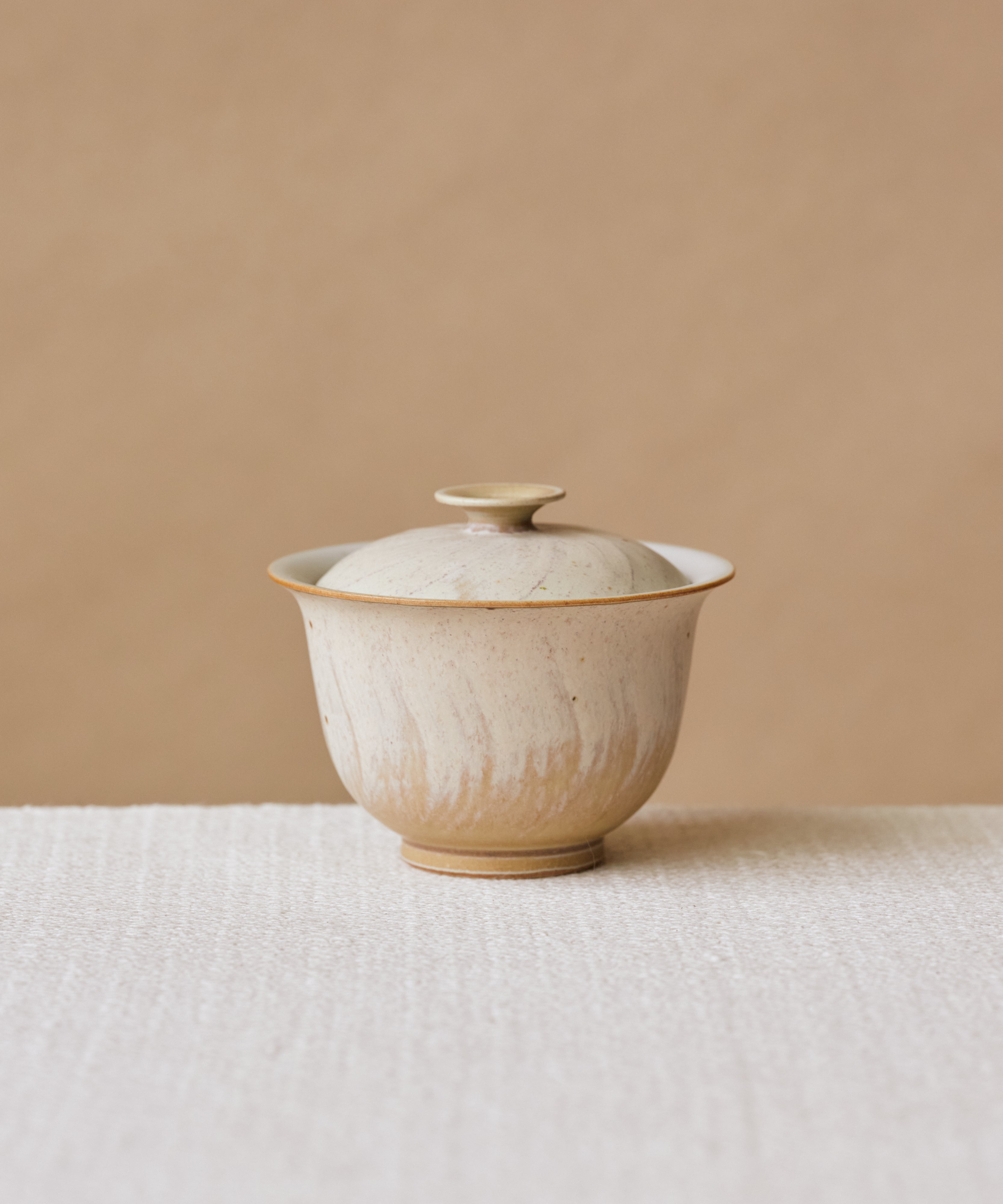 Matte Blush Gaiwan, handcrafted gaiwan by Wang Xinghua, Jingdezhen, limestone pink glaze with sandy brushstrokes