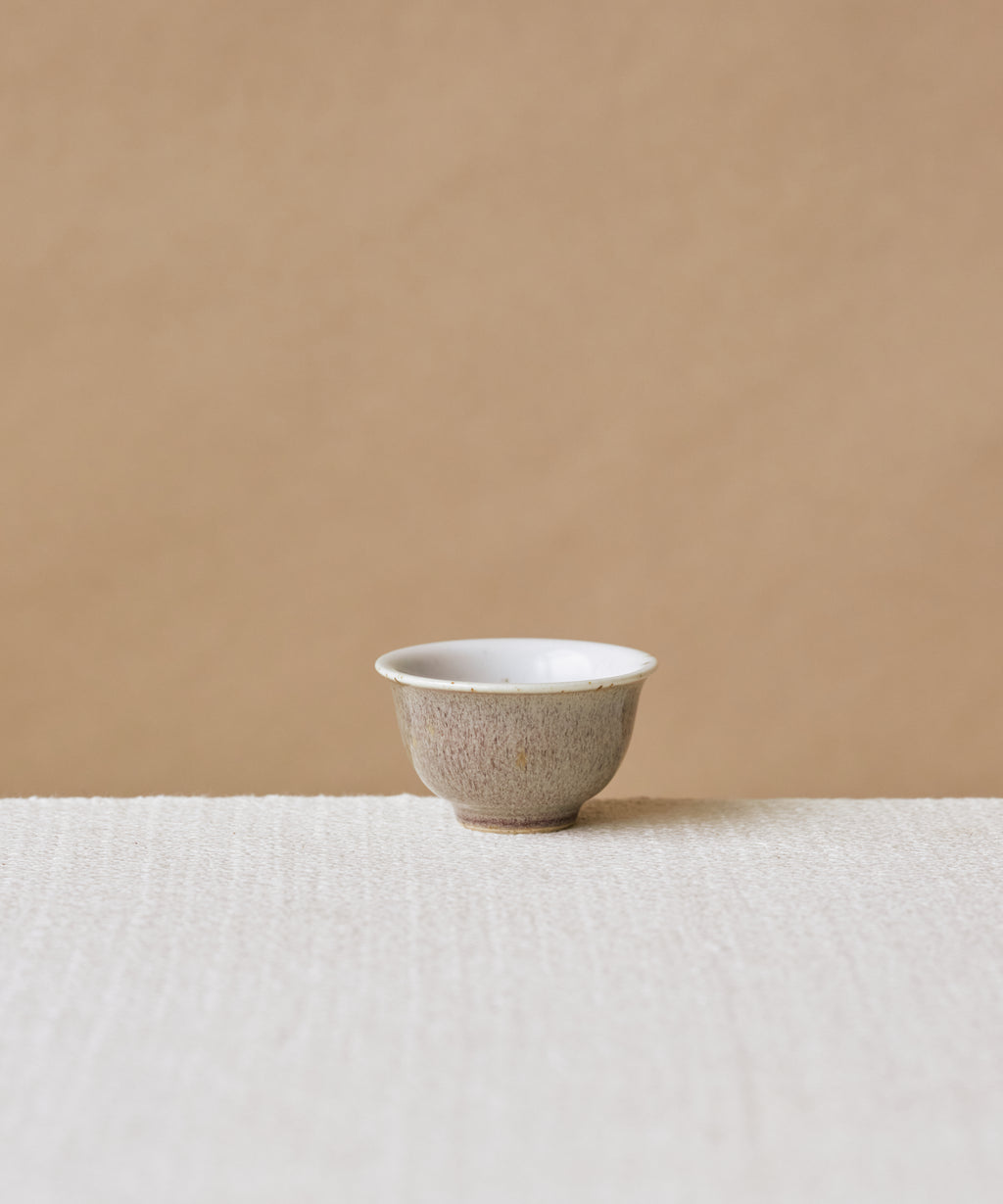 Purple Rain Cup V2, handcrafted tea cup by Wang Xinghua, Jingdezhen, deep purple mist over taupe