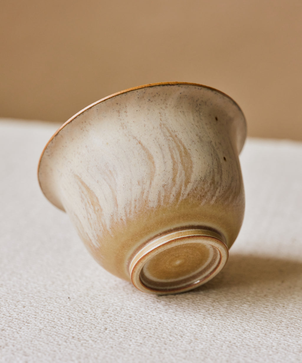 Matte Blush Gaiwan side view, sandy brushstrokes on limestone pink, Wang Xinghua, Jingdezhen