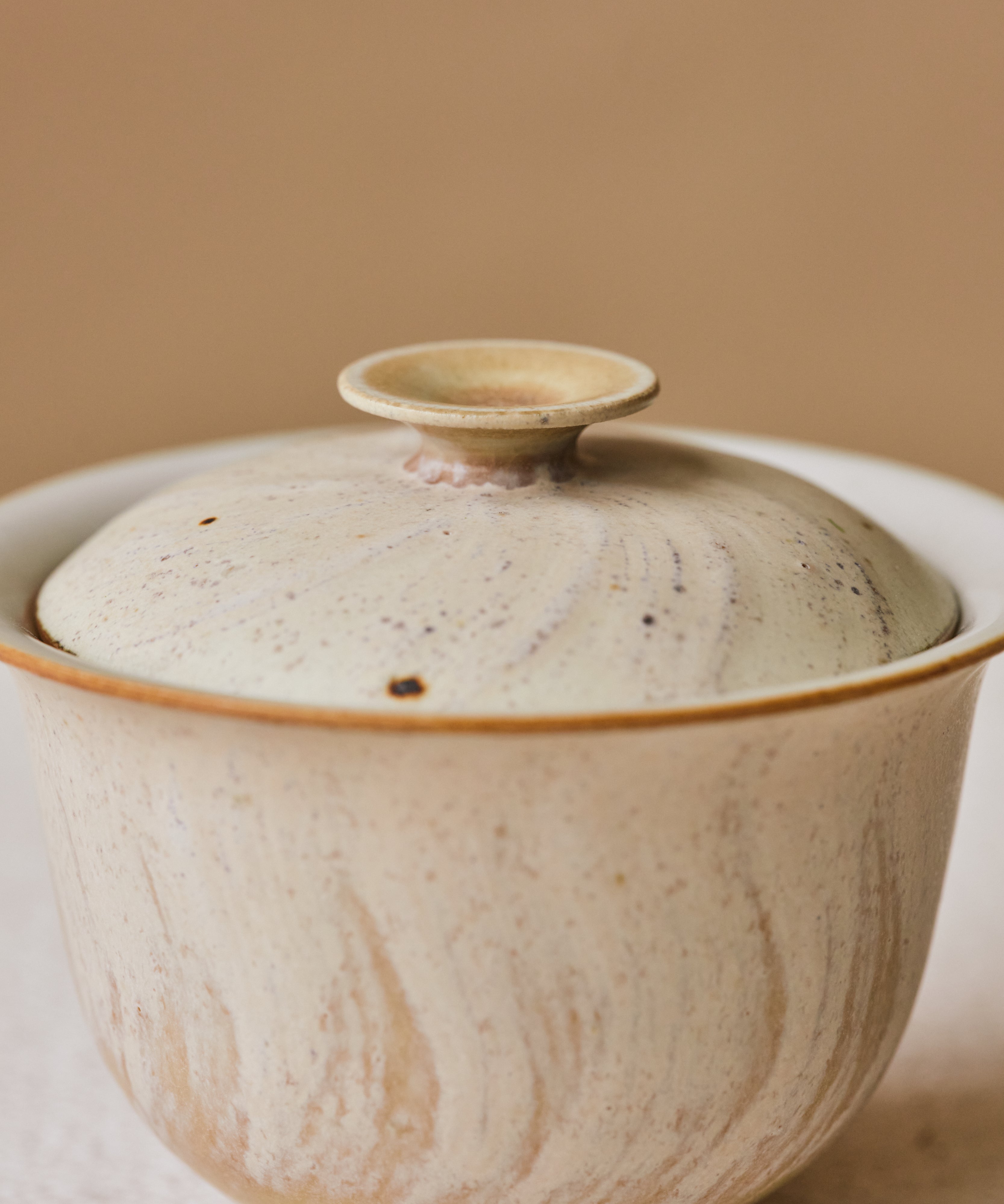 Matte Blush Gaiwan lid detail, limestone pink with sandy brushstroke texture, Jingdezhen porcelain