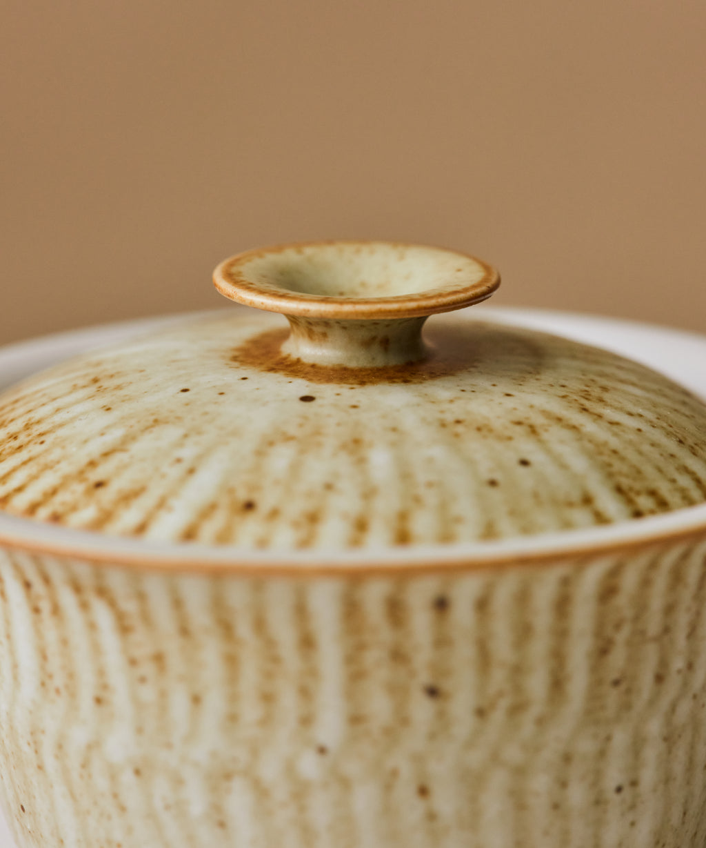 Ecru Seashell Gaiwan lid detail, organic intertidal texture from kiln fire, Jingdezhen porcelain