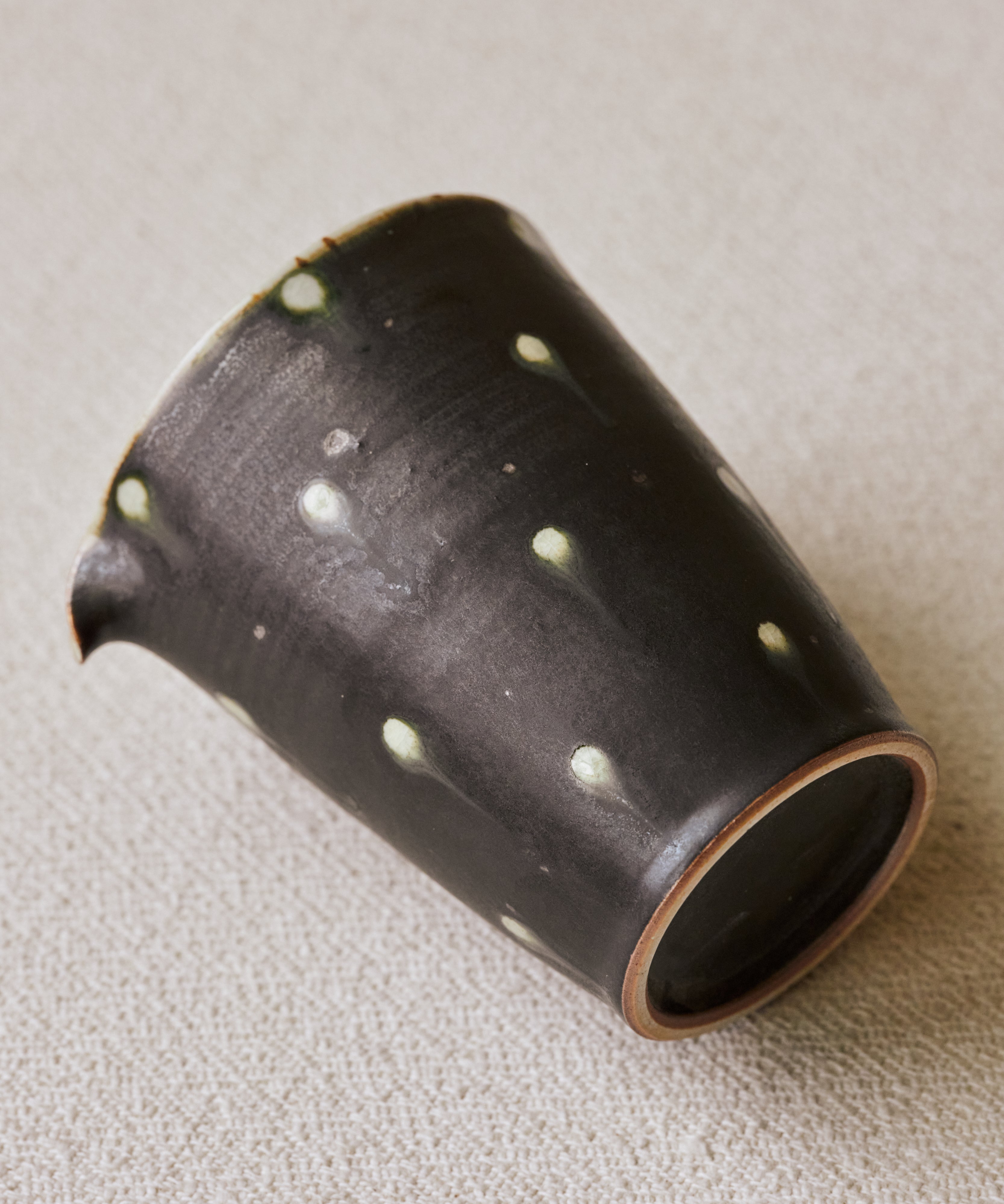 Black Peacock Pitcher Type II spout detail, precise controlled pour, handcrafted by Wang Xinghua, Jingdezhen