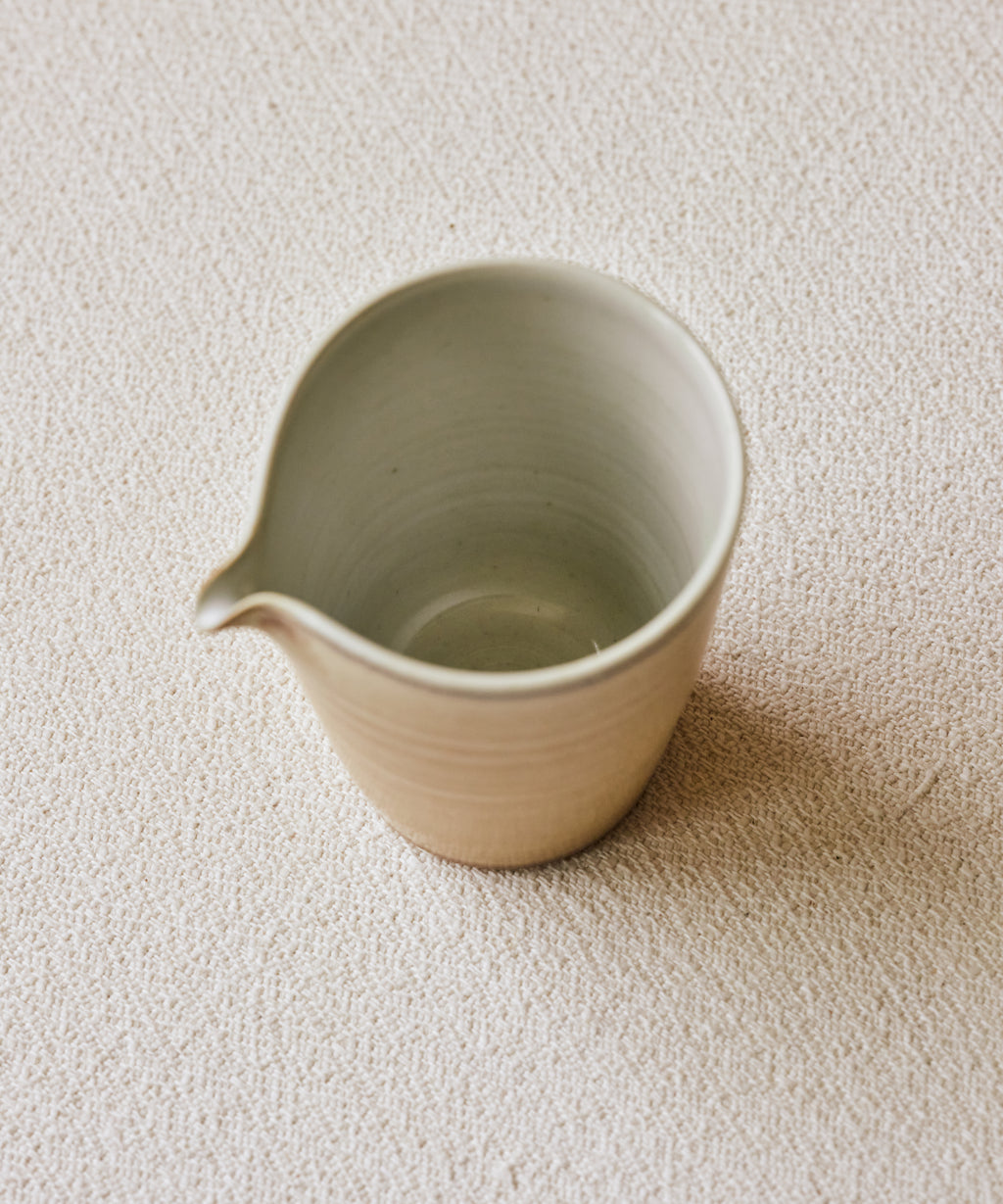Clamshell Glaze Pitcher side angle, muted sand glaze, reduction-fired at 1300°C, Wang Xinghua
