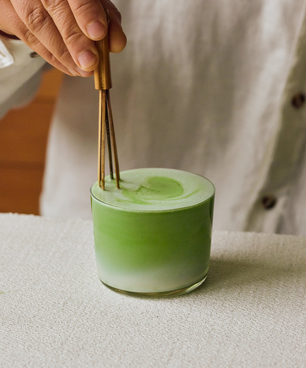 Genmaicha Matcha latte in glass — smooth, refreshing, toasted rice and breakfast cereal notes