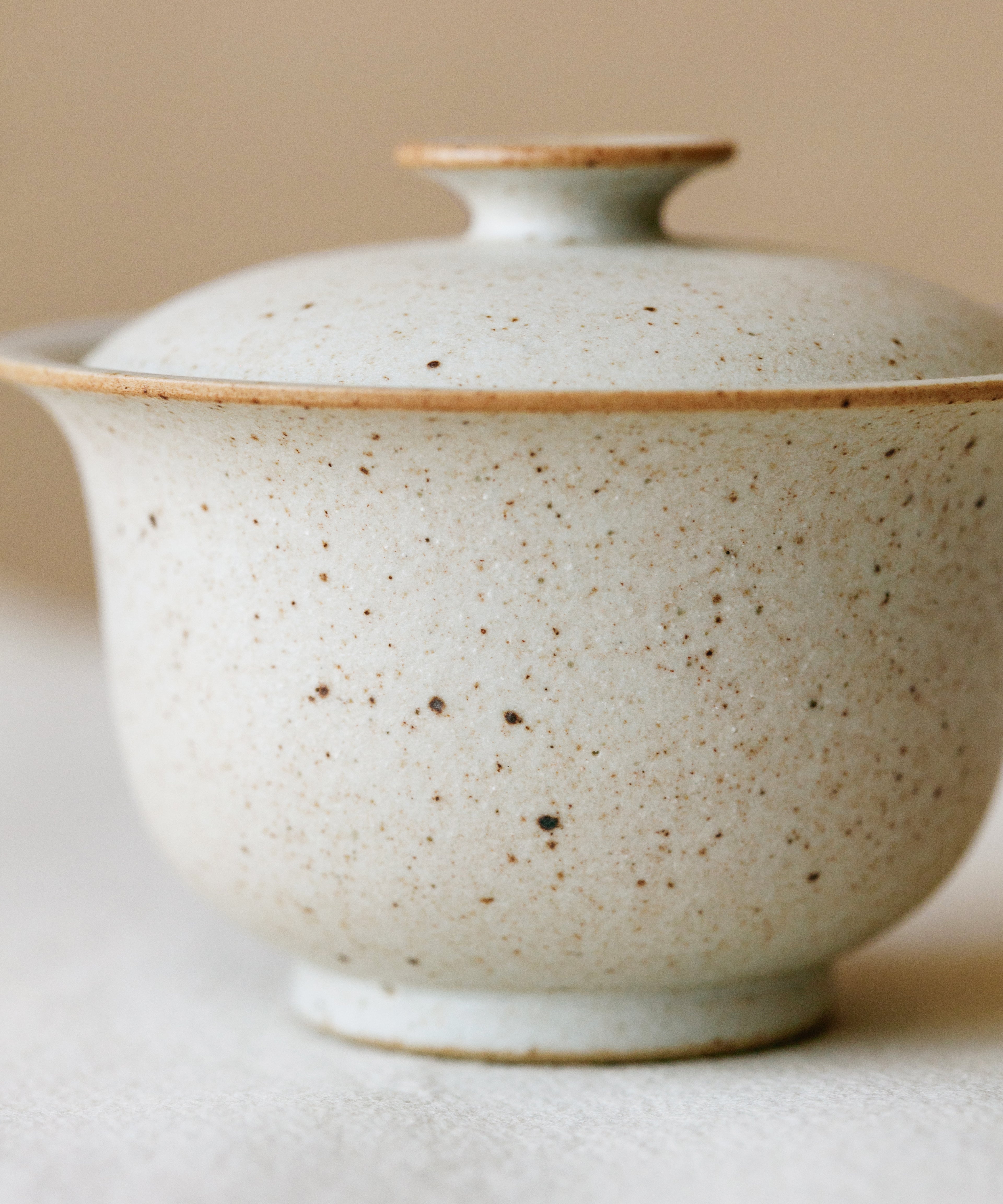 Small Sunrise Matte Gaiwan lid detail, warm matte glaze texture, Jingdezhen clay and porcelain