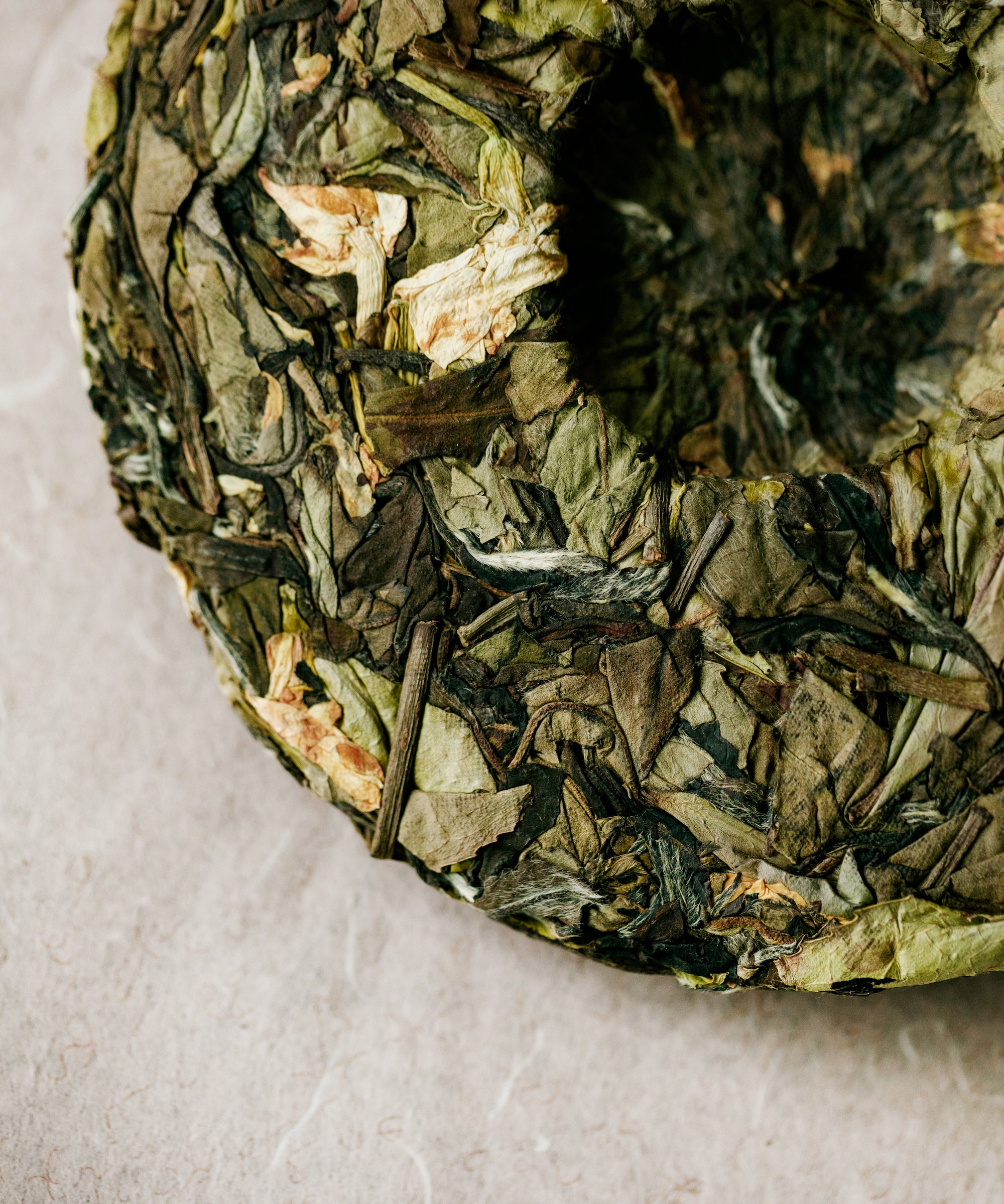 Brewing Jasmine Wild White — hot water over pressed white tea with jasmine flowers reanimating