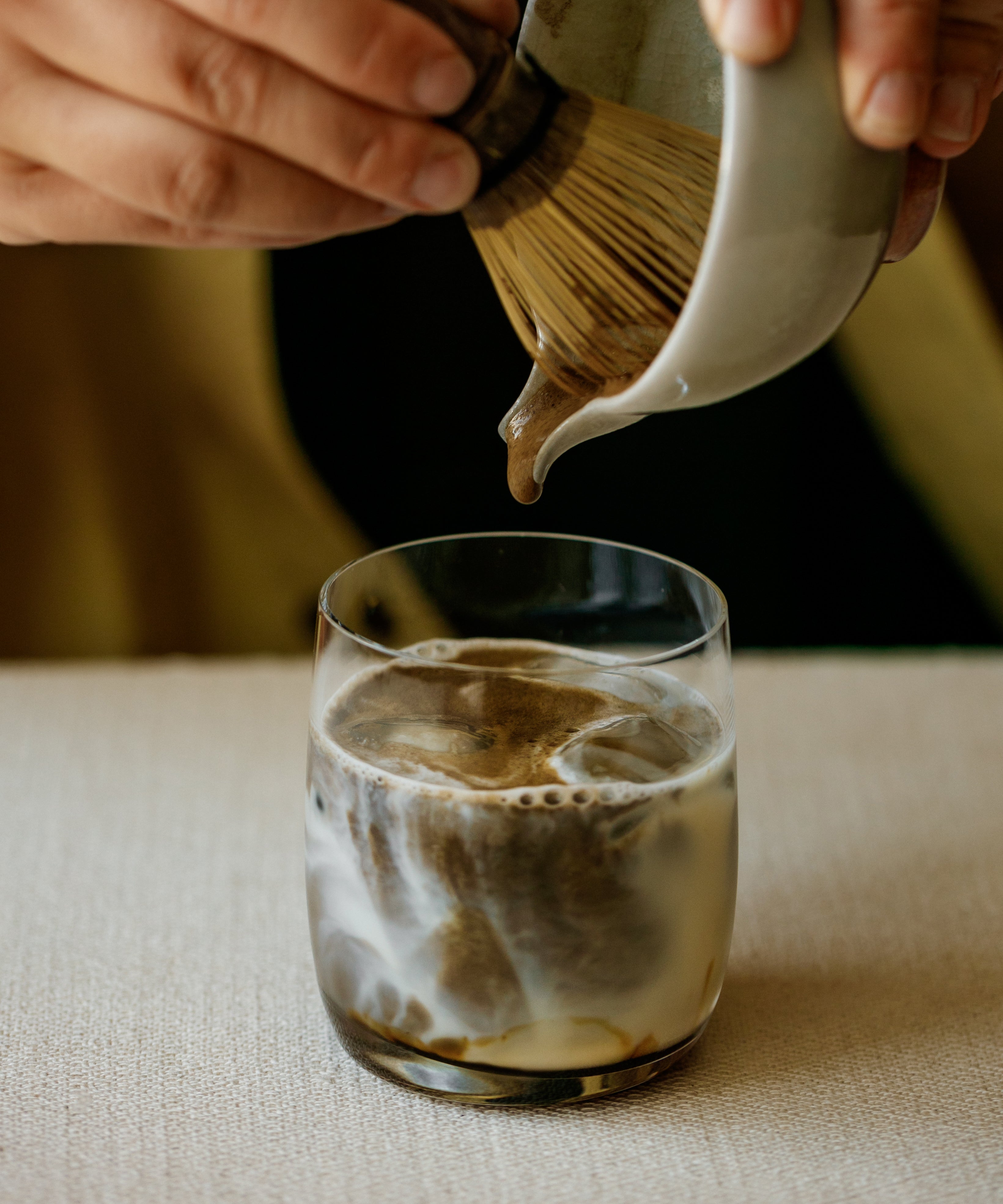 Uji Hojicha latte made with roasted Japanese green tea powder