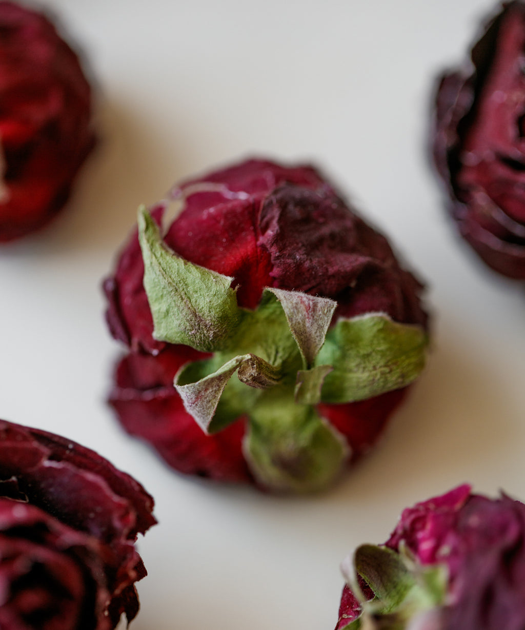 Detail of organic crimson rose buds showing deep red color and organic quality