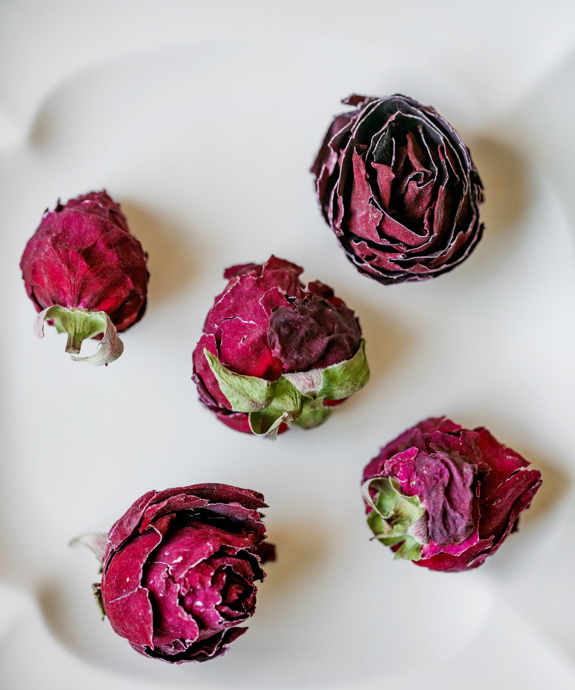 Organic Crimson Rose buds arranged on white - dried whole roses for tisane