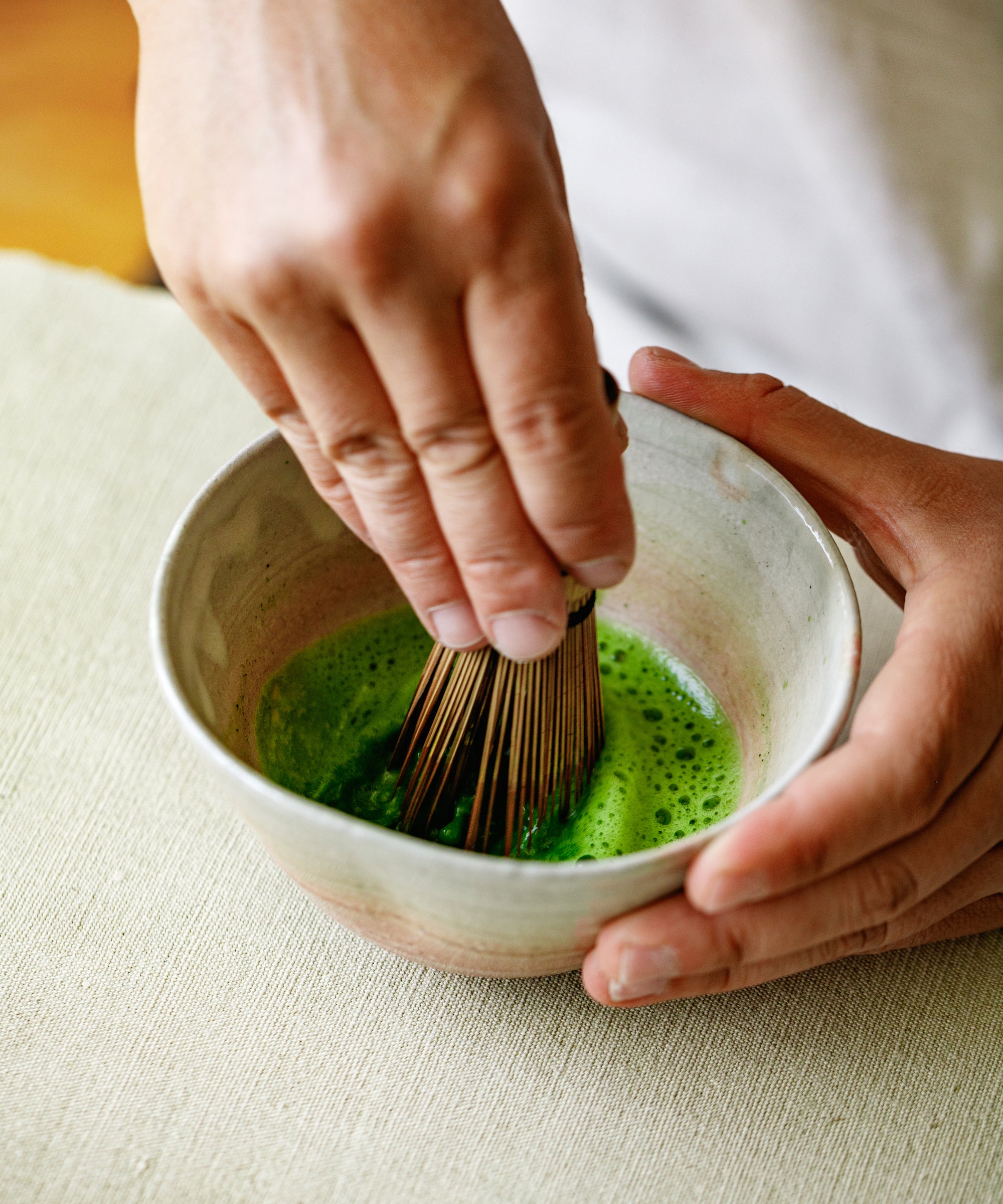 Whisking Matcha Shoyo no Mukashi Shincha with bamboo chasen, satiating mouthfeel with lean precise flavour