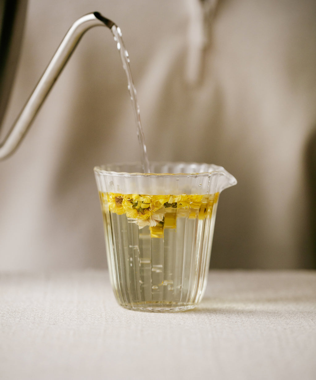 Yellow Pearl Chrysanthemum clear lemon-yellow liquor with hay, candied orange peel, and tingly finish