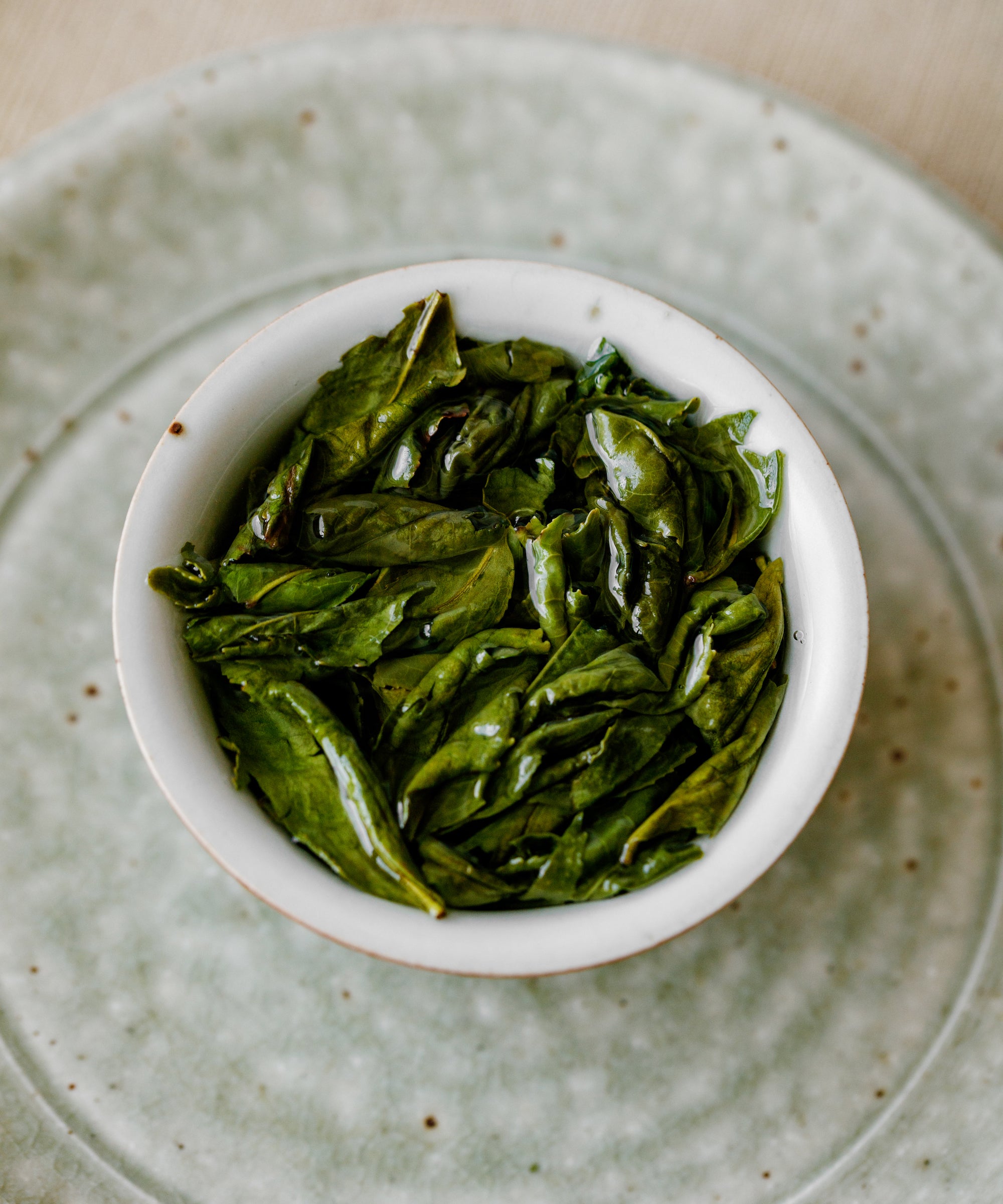 Melon Flake wet leaves after brewing, broad expanded leaves from Qitoushan, Lu'an, Anhui