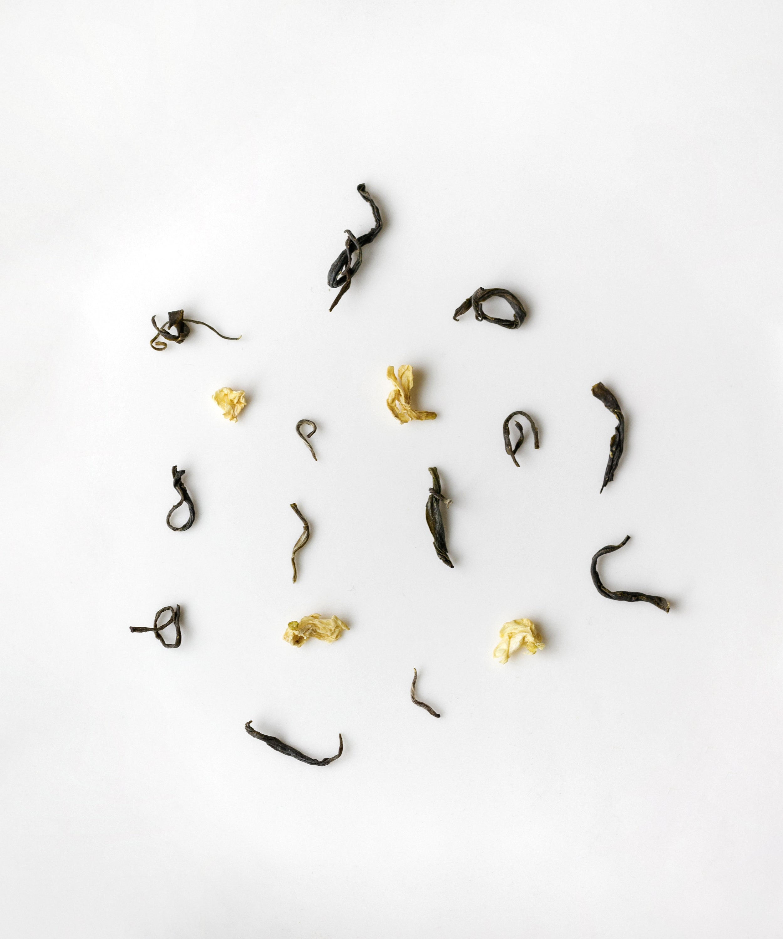 Jasmine Jade Tips dry leaves close-up — white jasmine flowers speckled through green Maofeng, August 2025