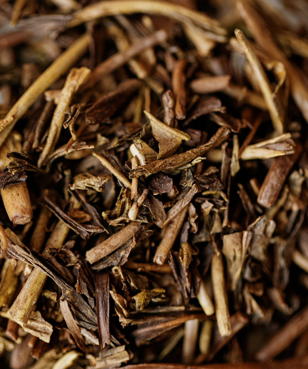 Close-up of Noma Koshun dry hojicha showing lightly roasted stems and leaves