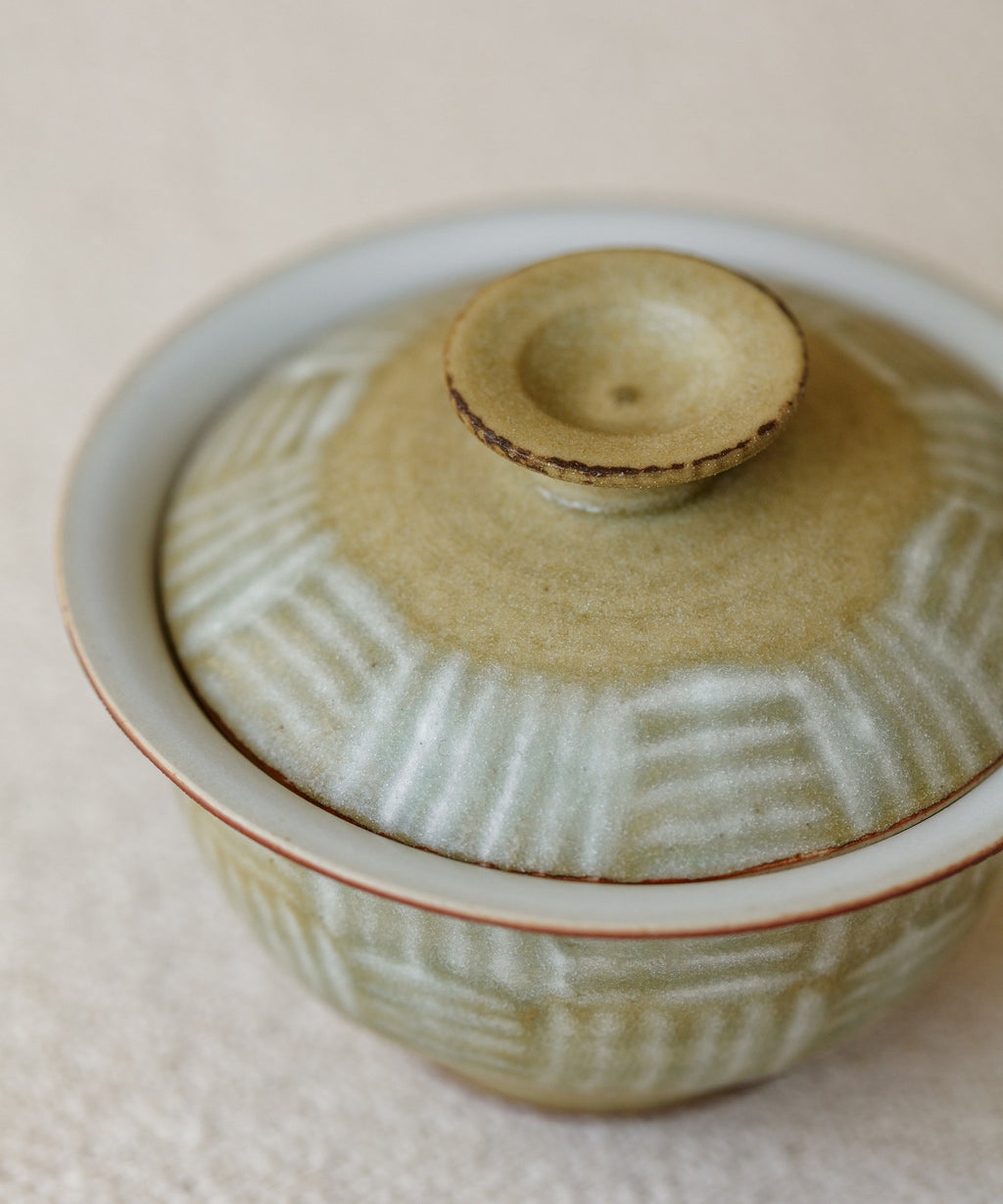 Mini Matte Yellow I Gaiwan lid detail, matte yellow glaze texture, Jingdezhen clay and porcelain