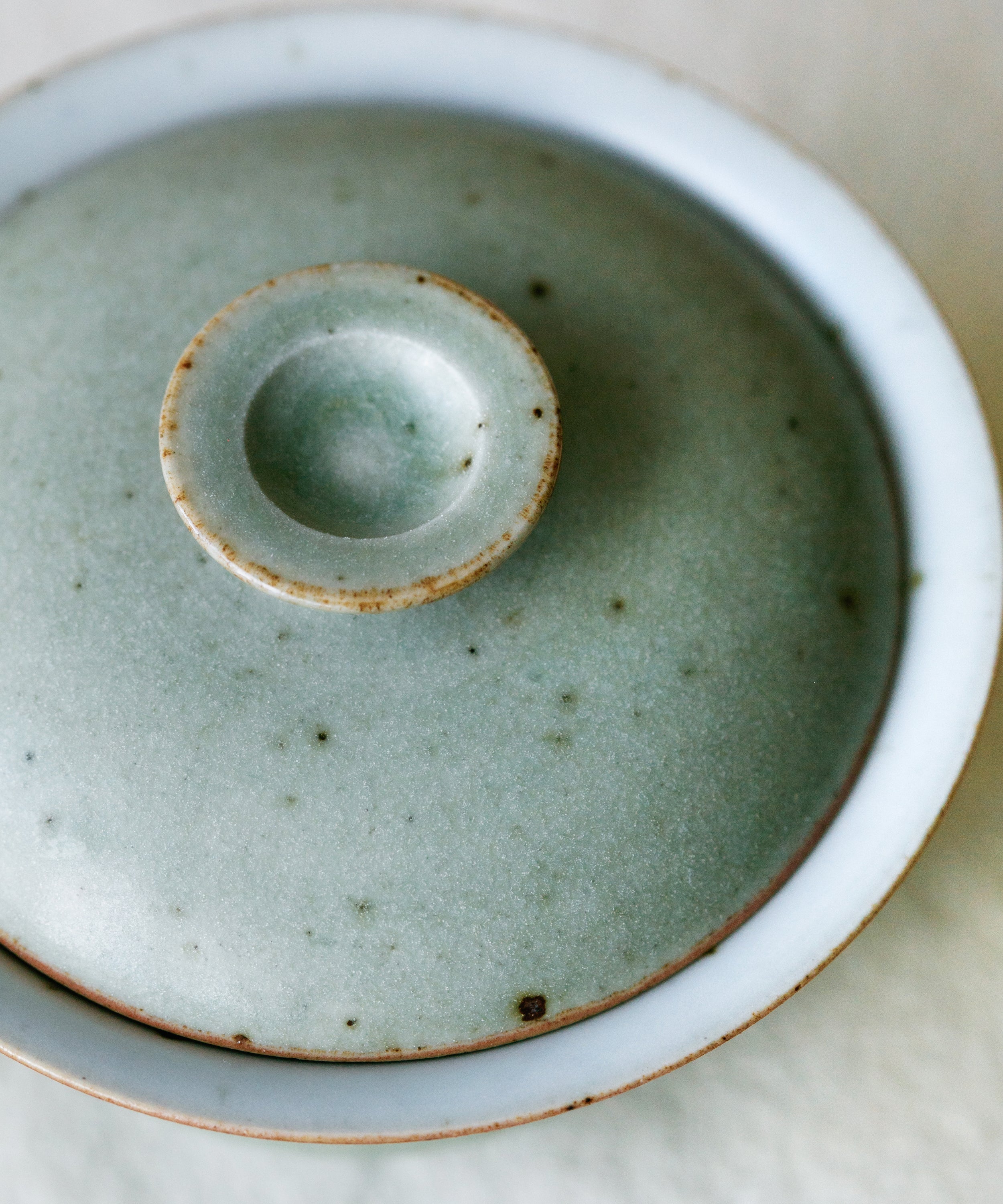 Mini Celadon Green Gaiwan interior glaze, green celadon tones, reduction-fired at 1300°C, Jingdezhen