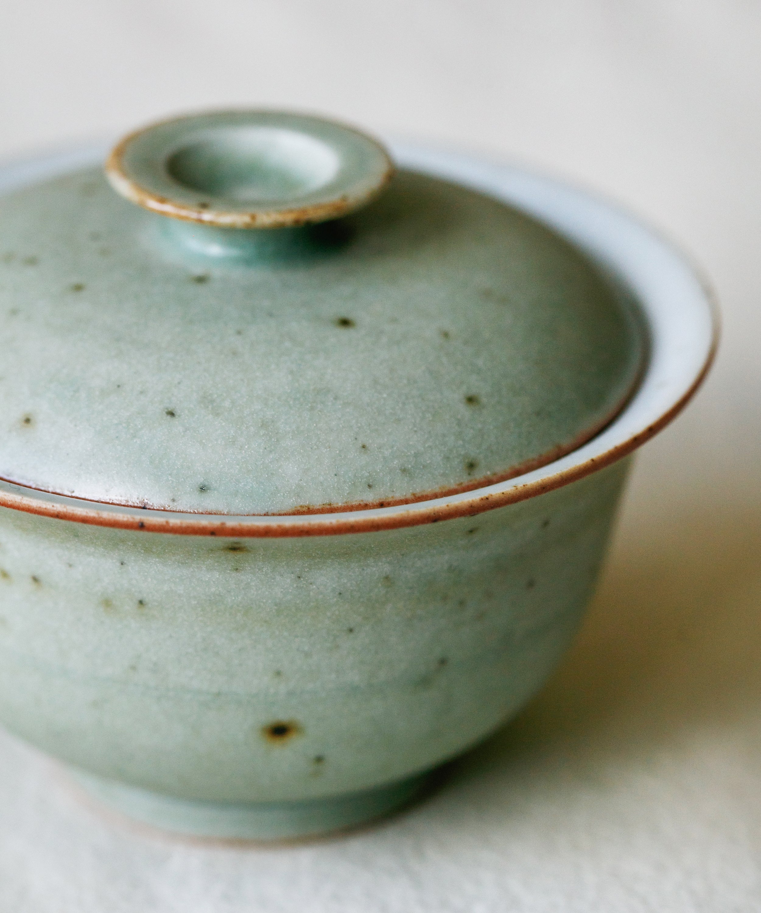 Mini Celadon Green Gaiwan side view, celadon green surface, Wang Xinghua, Jingdezhen porcelain