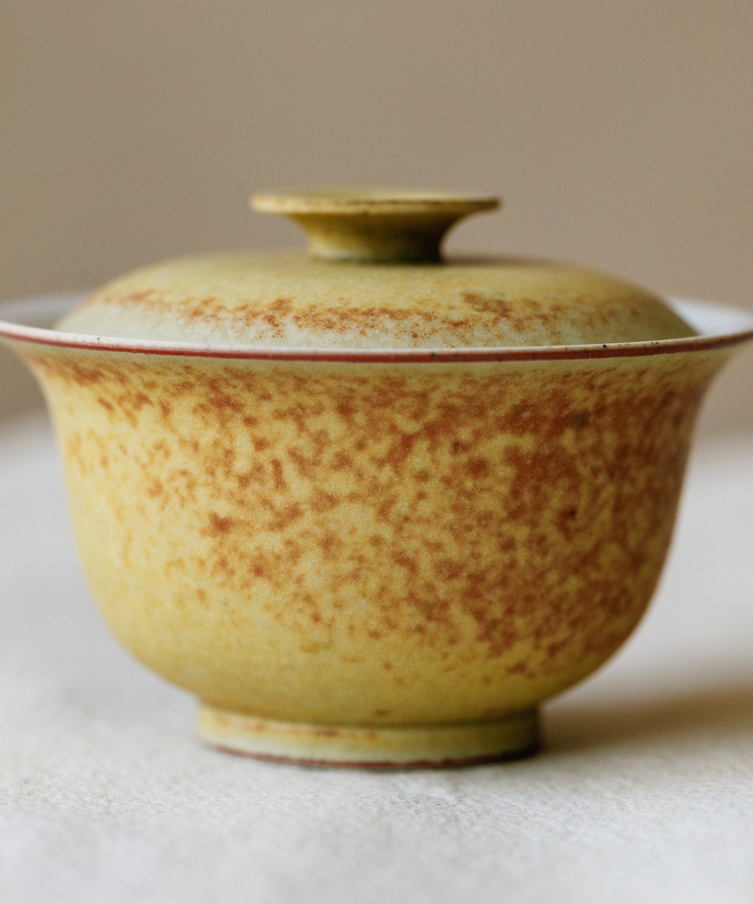 Mini Fire Yellow Gaiwan interior glaze, warm yellow tones, reduction-fired at 1300°C, Jingdezhen