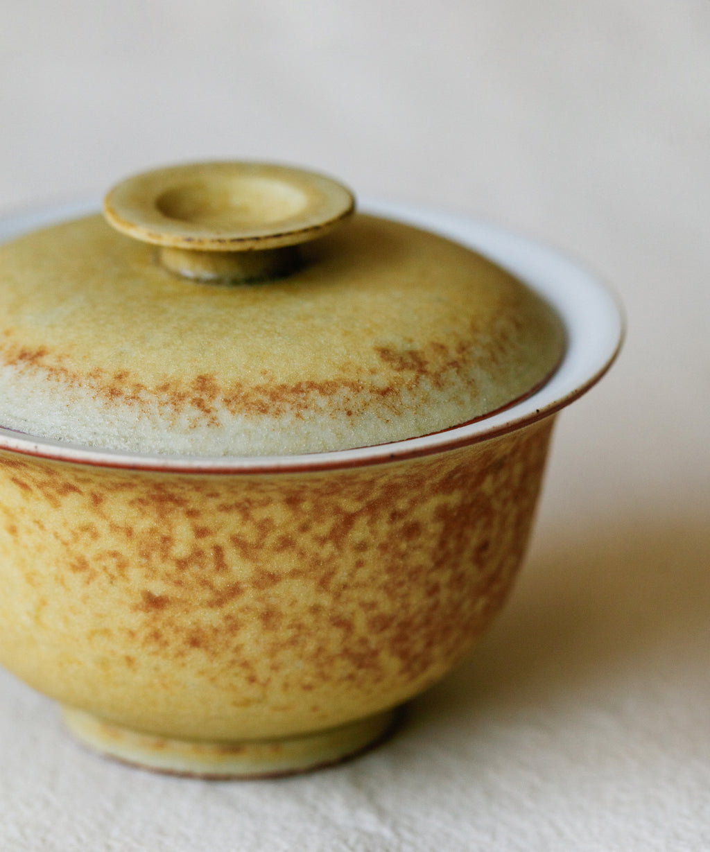 Mini Fire Yellow Gaiwan lid detail, fire yellow glaze texture, Jingdezhen clay and porcelain