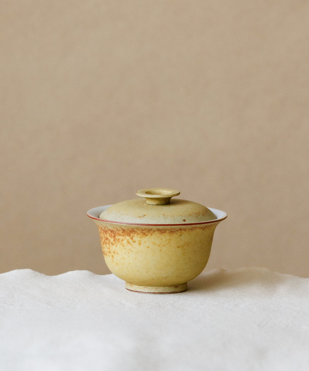Mini Fire Yellow Gaiwan, handcrafted mini gaiwan by Wang Xinghua, Jingdezhen, fire yellow glaze