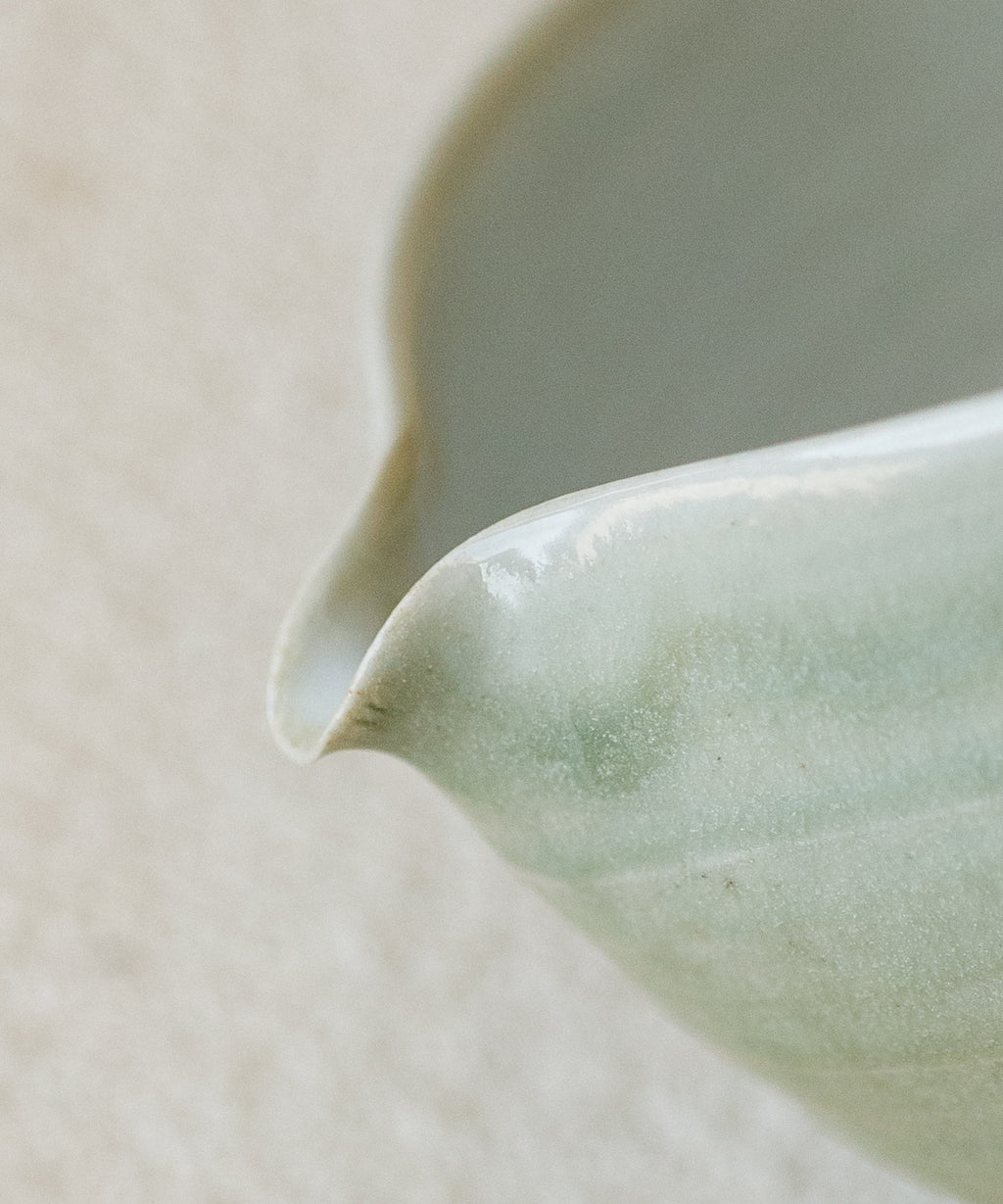 "Chawan" Celadon Green spout detail, pour spout for matcha latte, Jingdezhen clay and porcelain