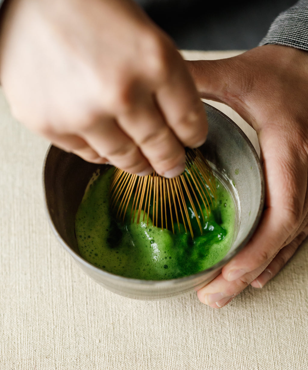 Whisking Matcha Hatsumukashi with bamboo chasen — hand-picked tencha, traditional Uji preparation