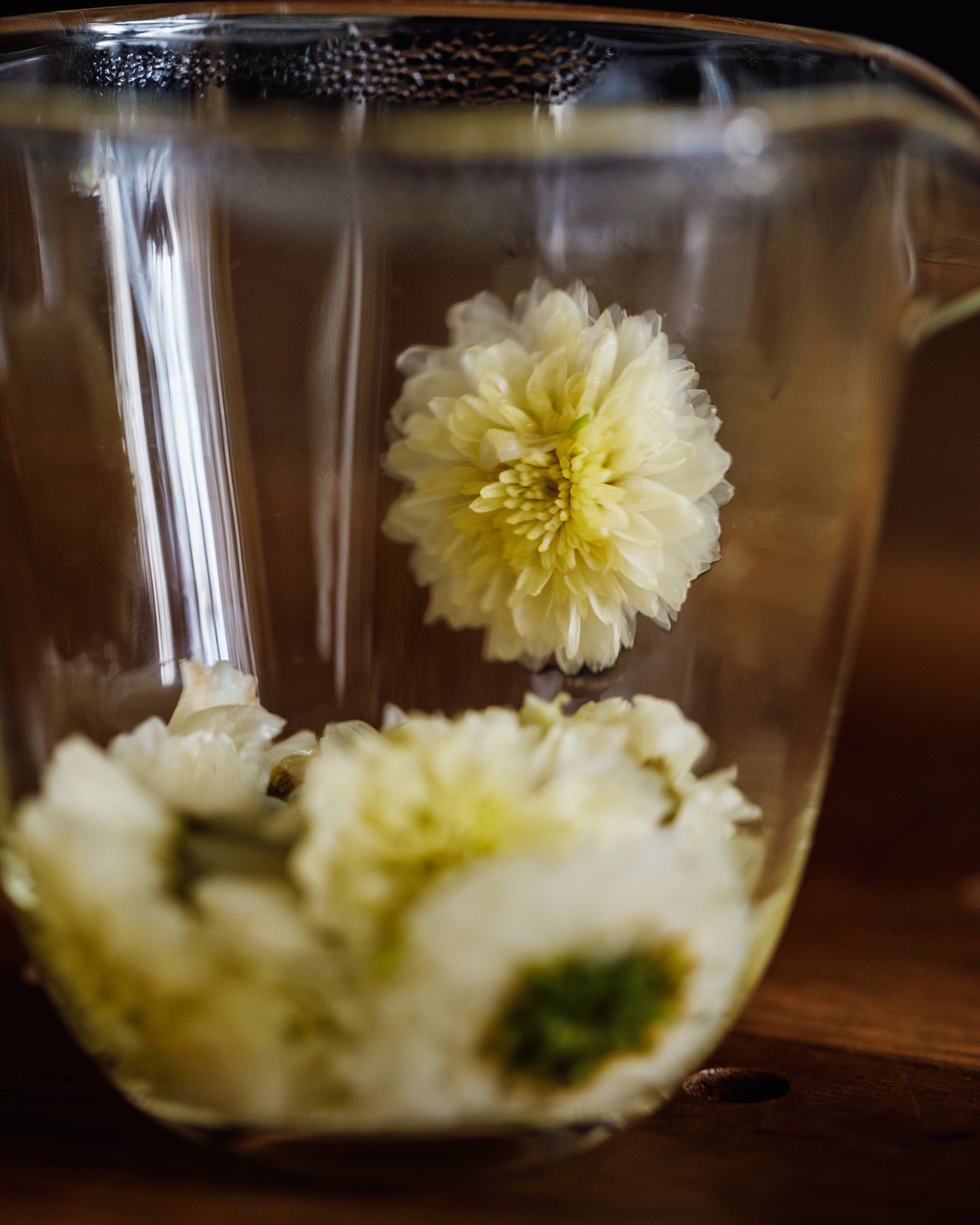 Pouring brewed Emperor's Chrysanthemum into a cup