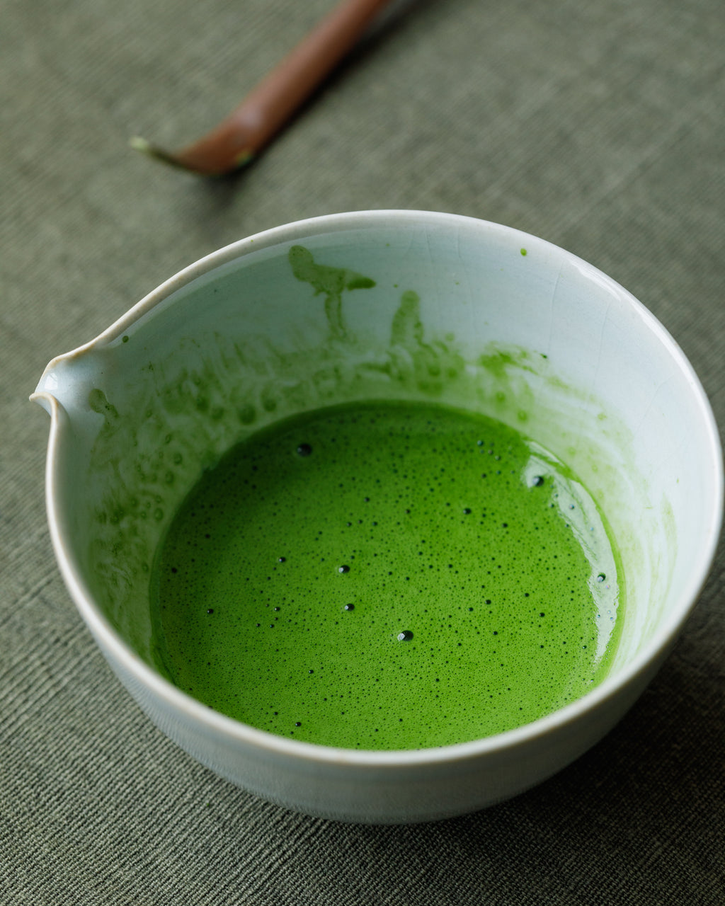 Close-up of stone-ground Matcha Hikari Japanese matcha from Nishio Aichi