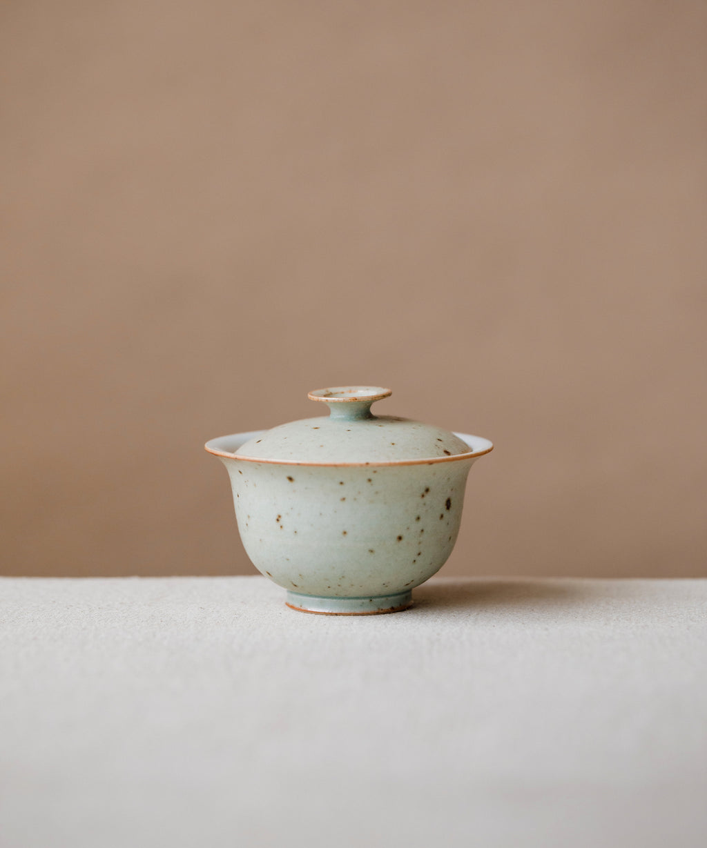 Gaiwan Faded Robin's Egg Small, handcrafted gaiwan by Wang Xinghua, Jingdezhen, pastel aqua speckled glaze