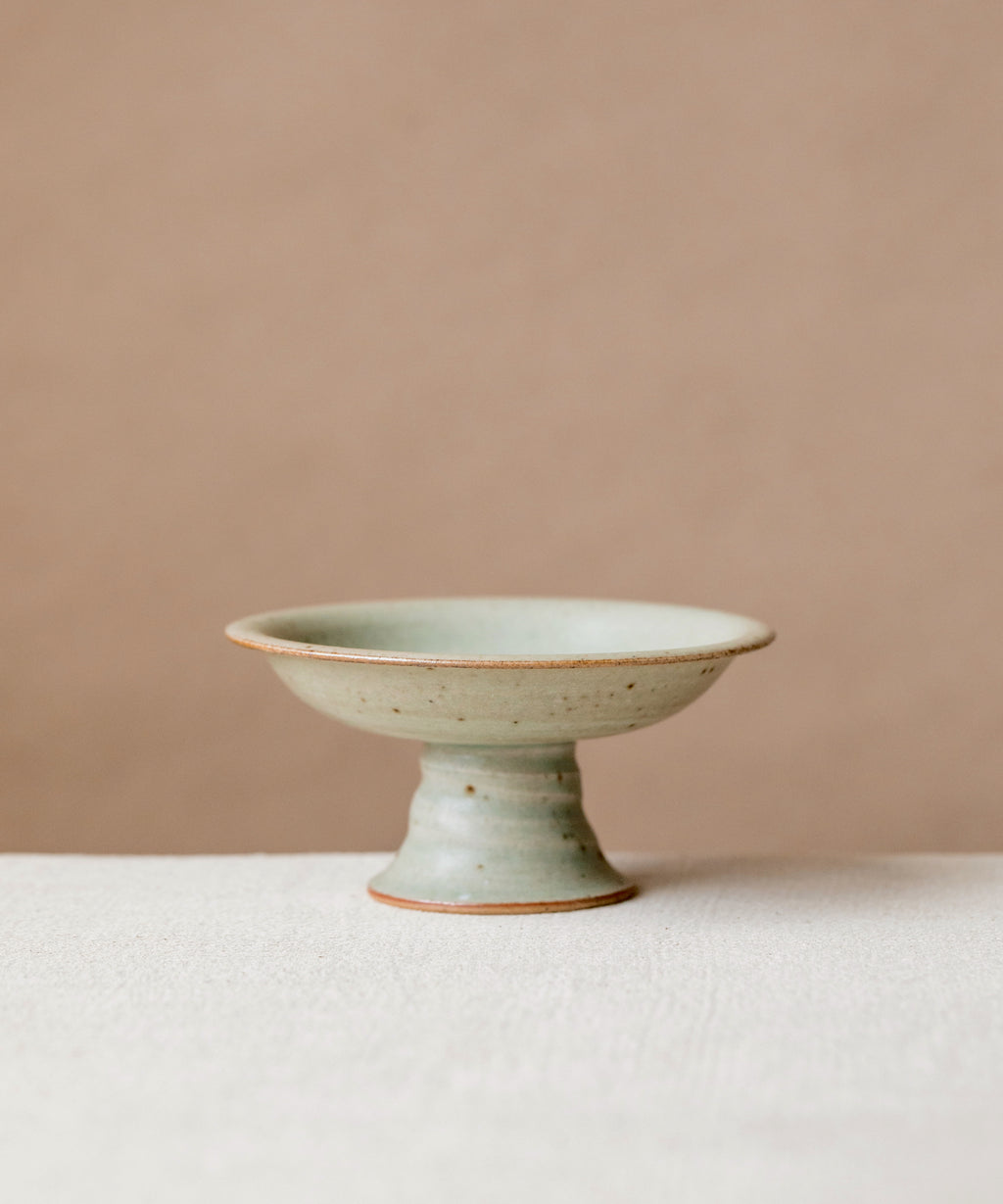 Pedestal Plate Faded Robin's Egg, handcrafted pedestal plate by Wang Xinghua, Jingdezhen, pastel aqua glaze