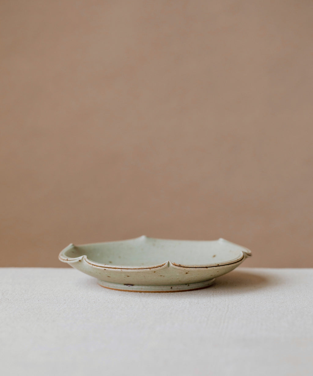 Scalloped Plate Faded Robin's Egg, handcrafted plate by Wang Xinghua, Jingdezhen, aqua glaze with scalloped edge