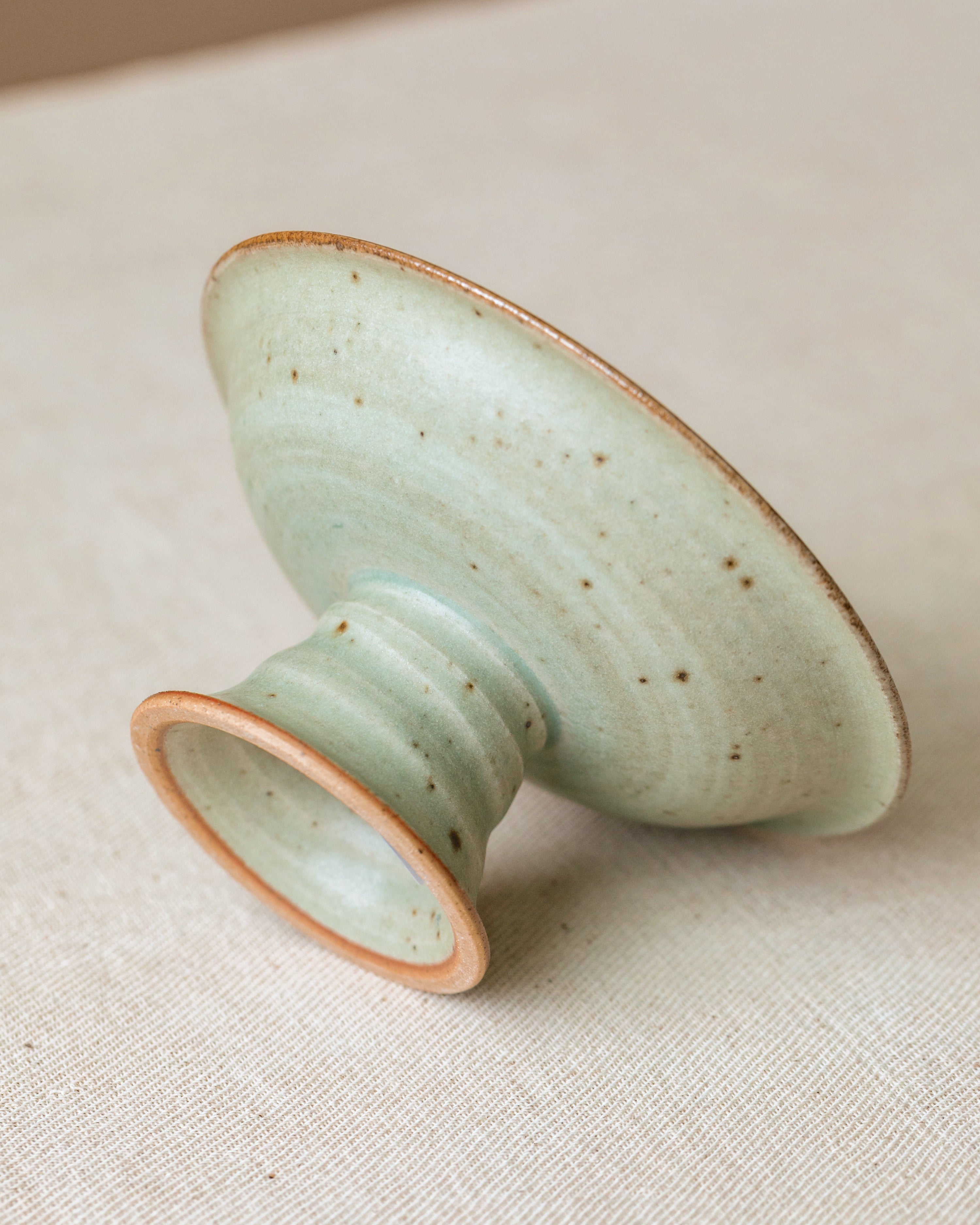 Pedestal Plate Faded Robin's Egg glaze detail, pastel aqua surface, Jingdezhen clay and porcelain