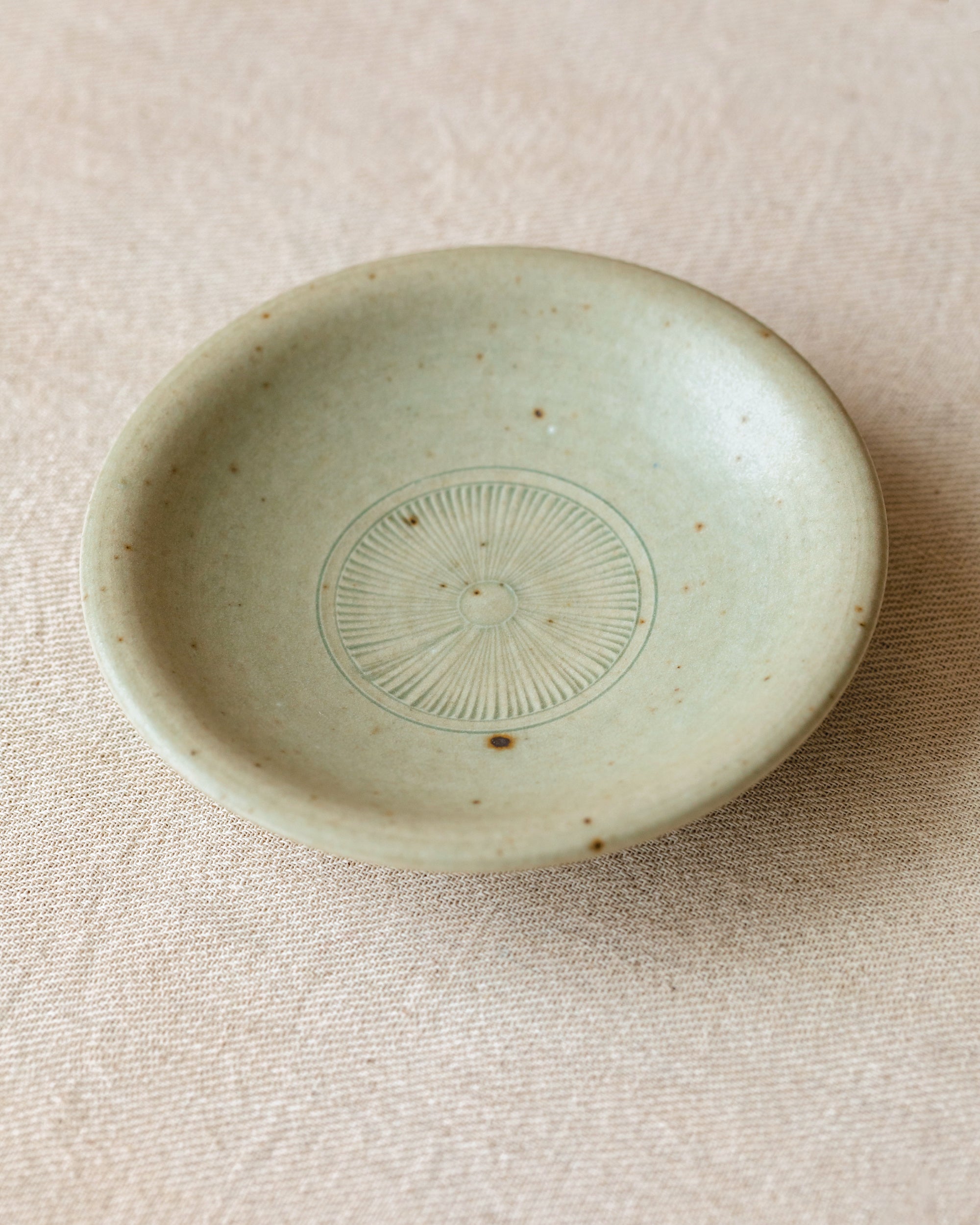 Etched Plate Faded Robin's Egg side view, organic form, handcrafted by Wang Xinghua, Jingdezhen