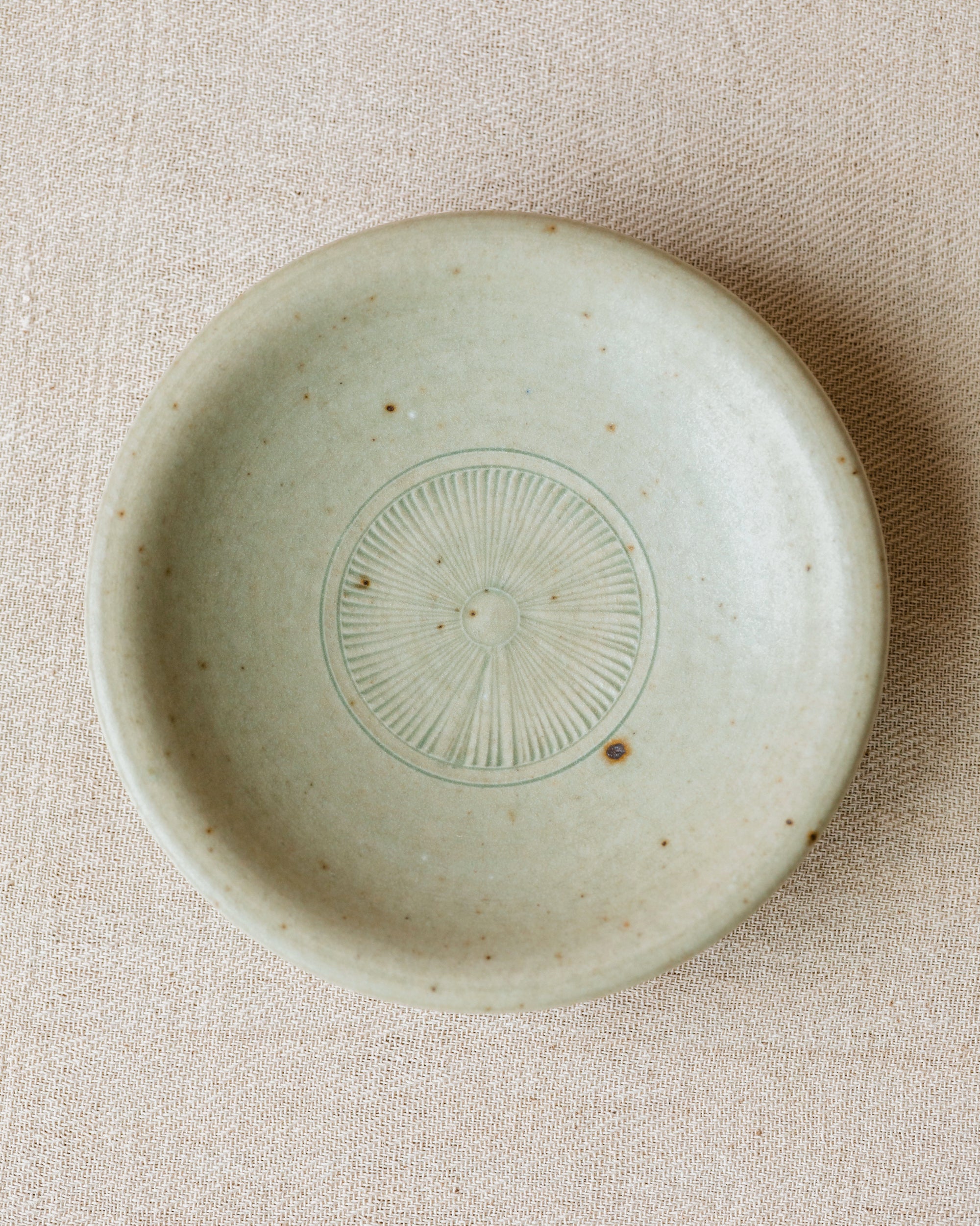 Etched Plate Faded Robin's Egg glaze detail, faded robin's egg surface, Jingdezhen clay and porcelain