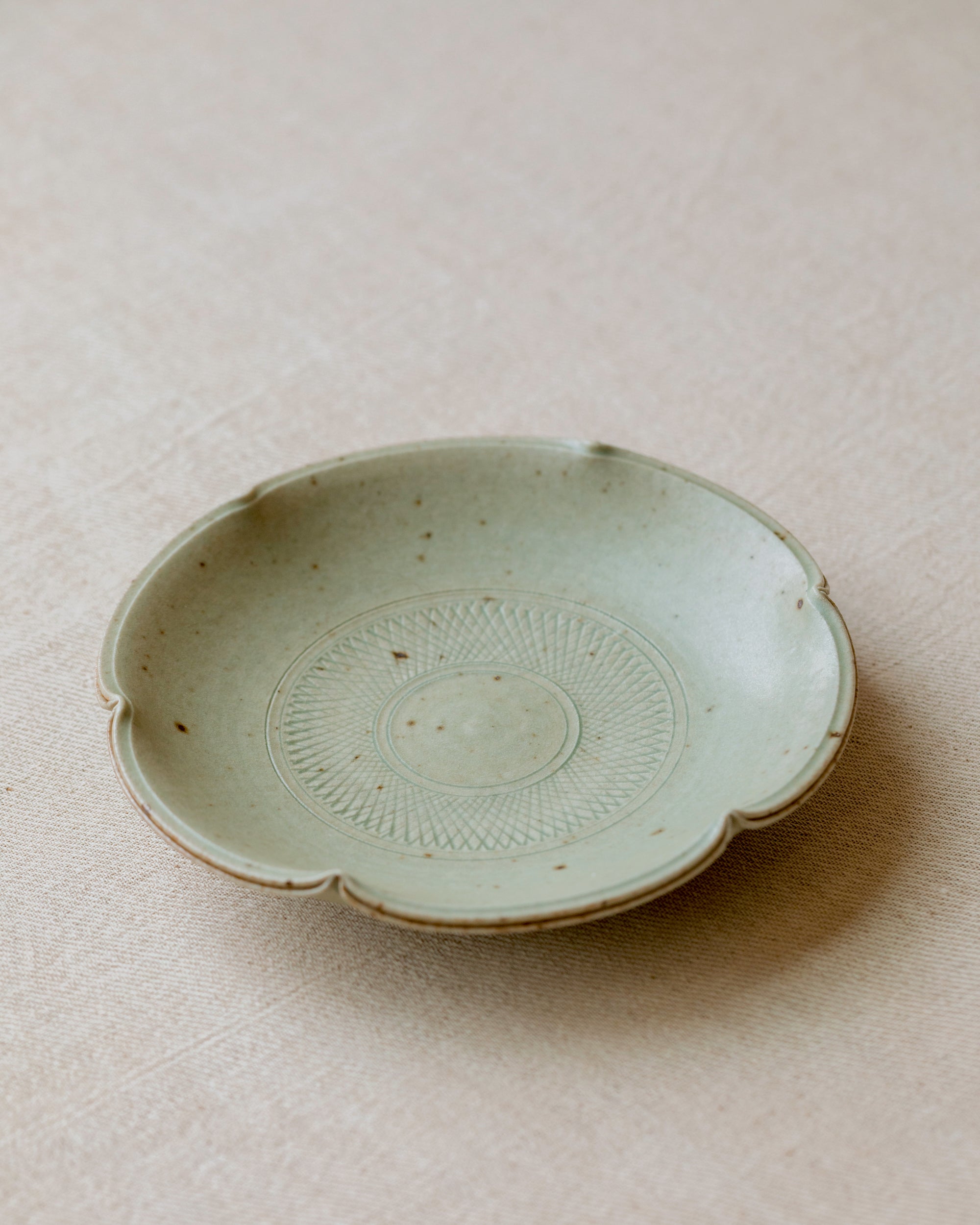 Scalloped Plate Faded Robin's Egg glaze detail, faded robin's egg surface, Jingdezhen clay and porcelain