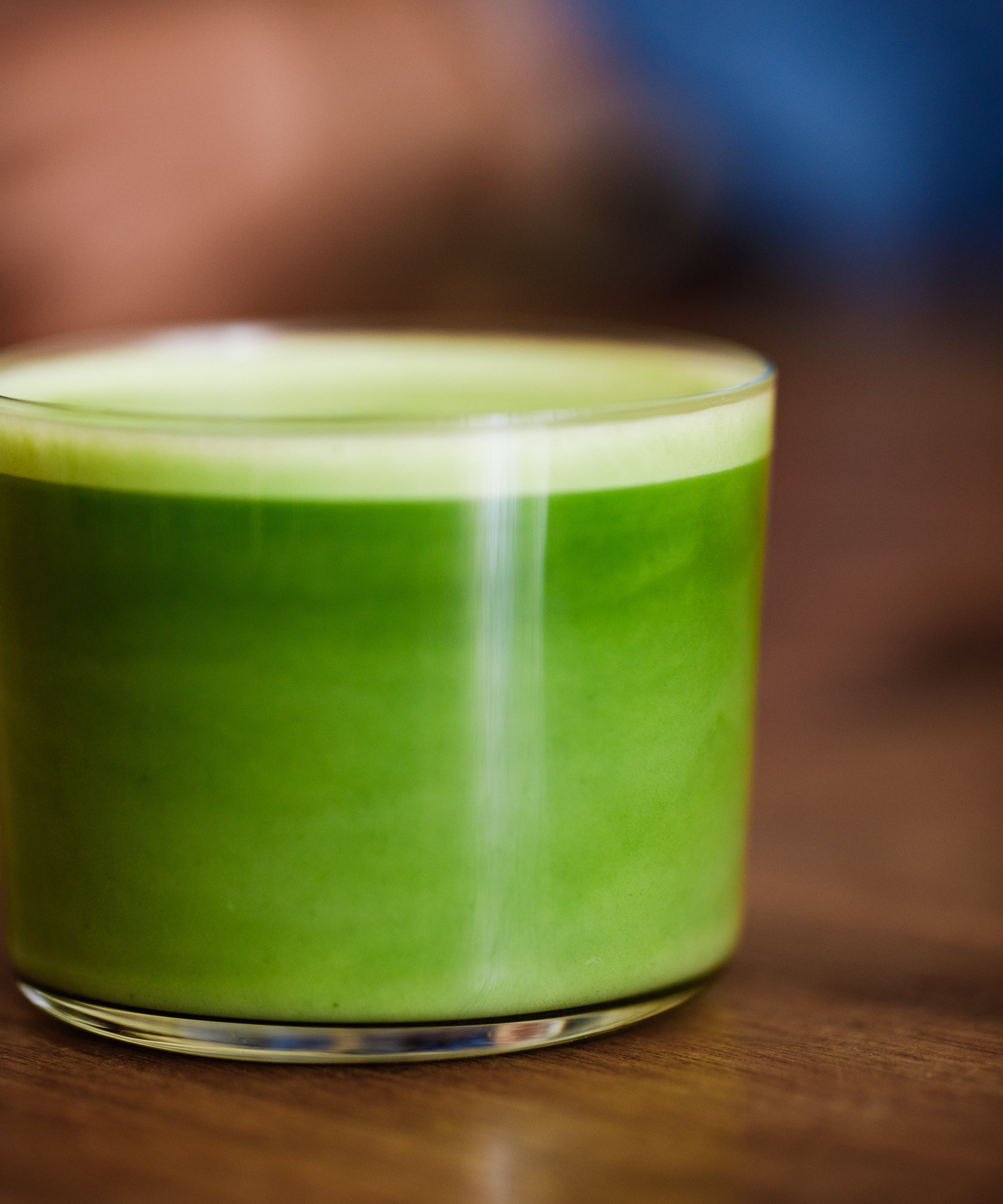 Top-down view of Tsuyu Hikari matcha latte showing layered conifer green color