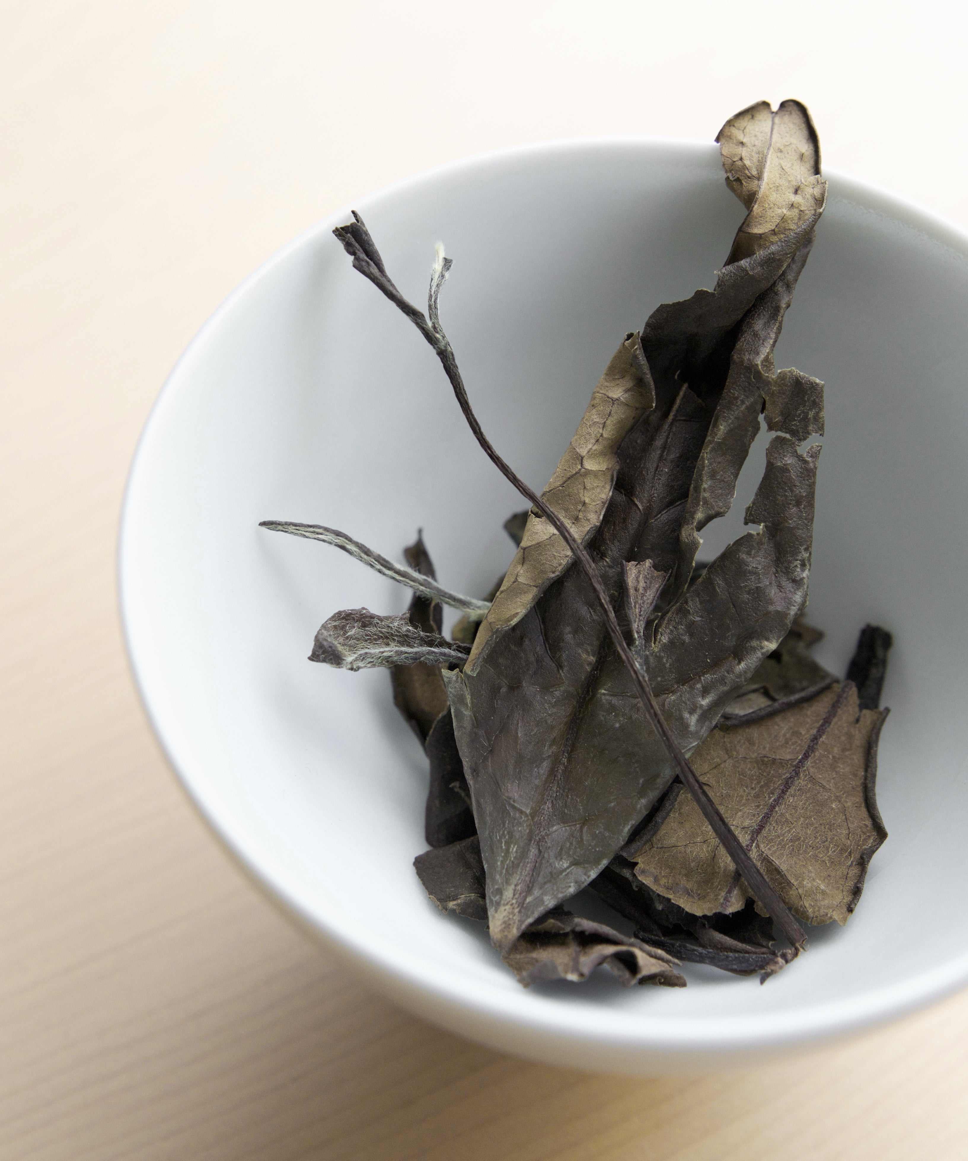 Semi Wild Shou Mei dry leaves — one-bud-three-leaves white tea from old-growth forest, Zhenghe