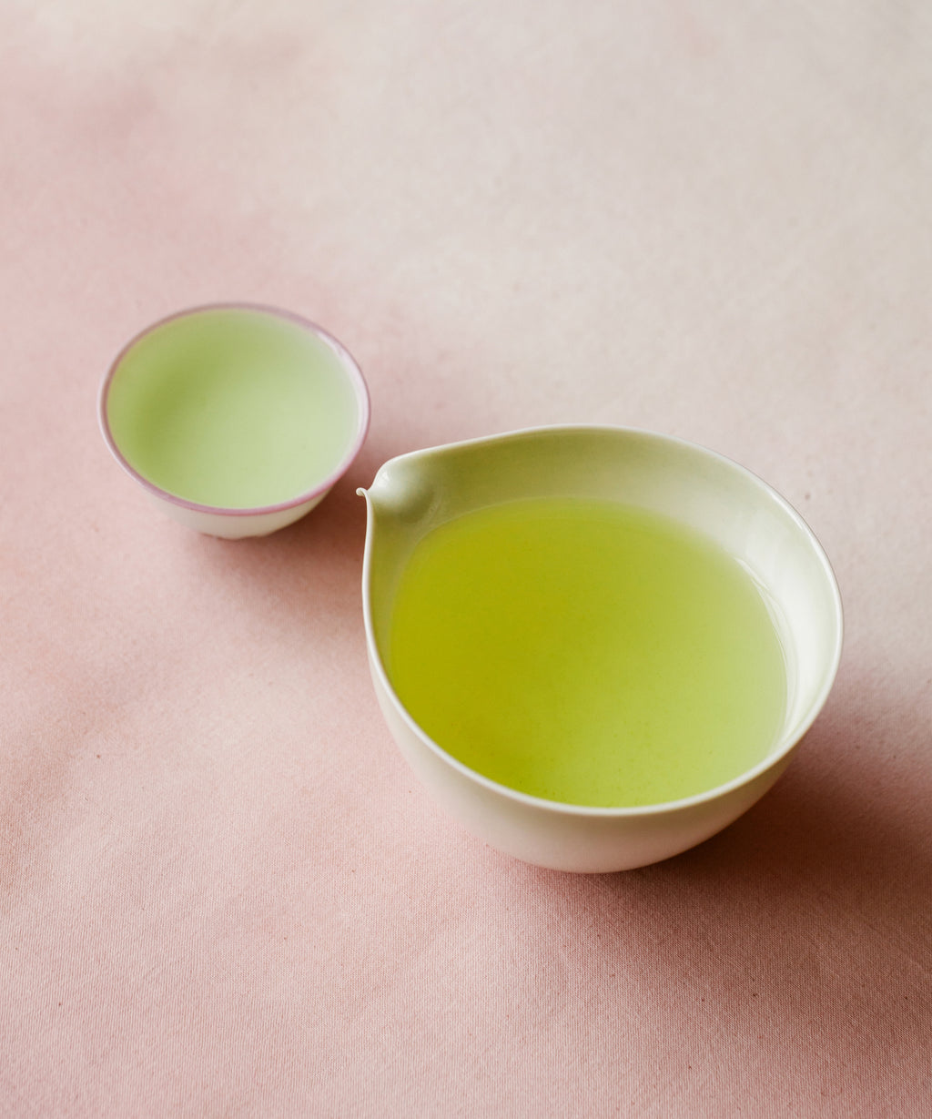 Brewed Kaga Genmaicha poured into a small cup