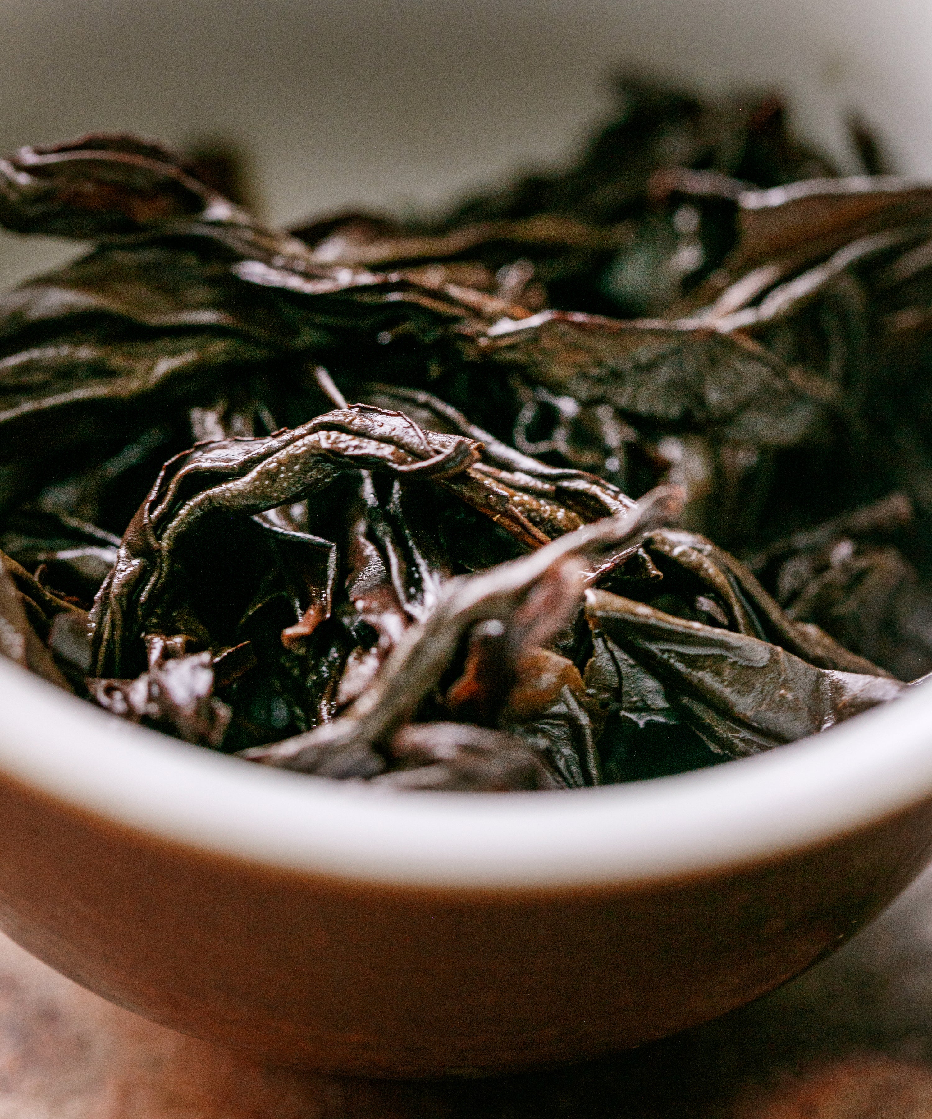 Yongchun Rougui wet leaves after brewing — softer than Wuyi Rougui, Yongchun, Fujian