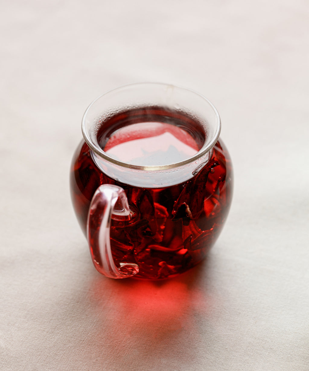 Hibiscus liquor — bright, tart, jammy fuschia tisane with broth-like mouthfeel, Yongan, Fujian