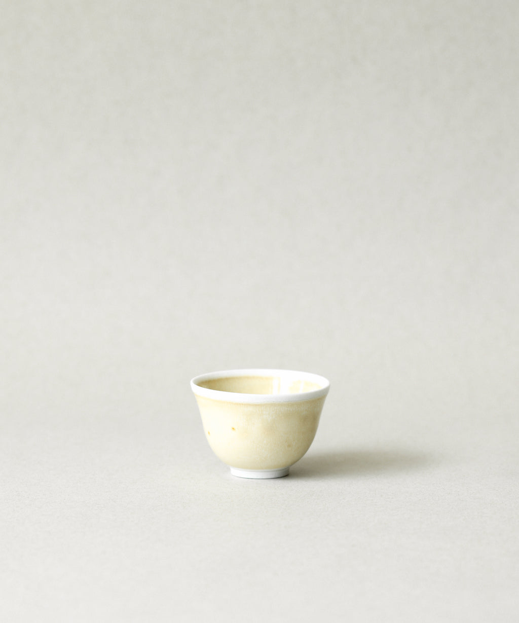 Yellow Bamboo Tea Cup handcrafted soda-fired tea cup by Wei Cheng, Burnaby BC