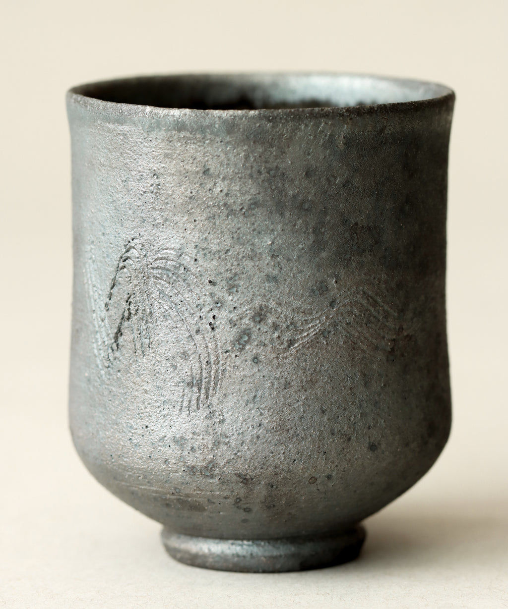 Zisha Yunomi Two interior, dark celadon glaze with iron speckles