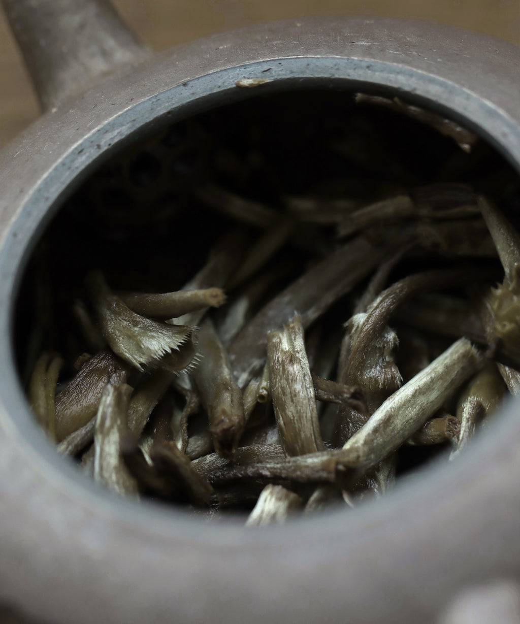 Silver Needle white tea in a vessel ready for brewing