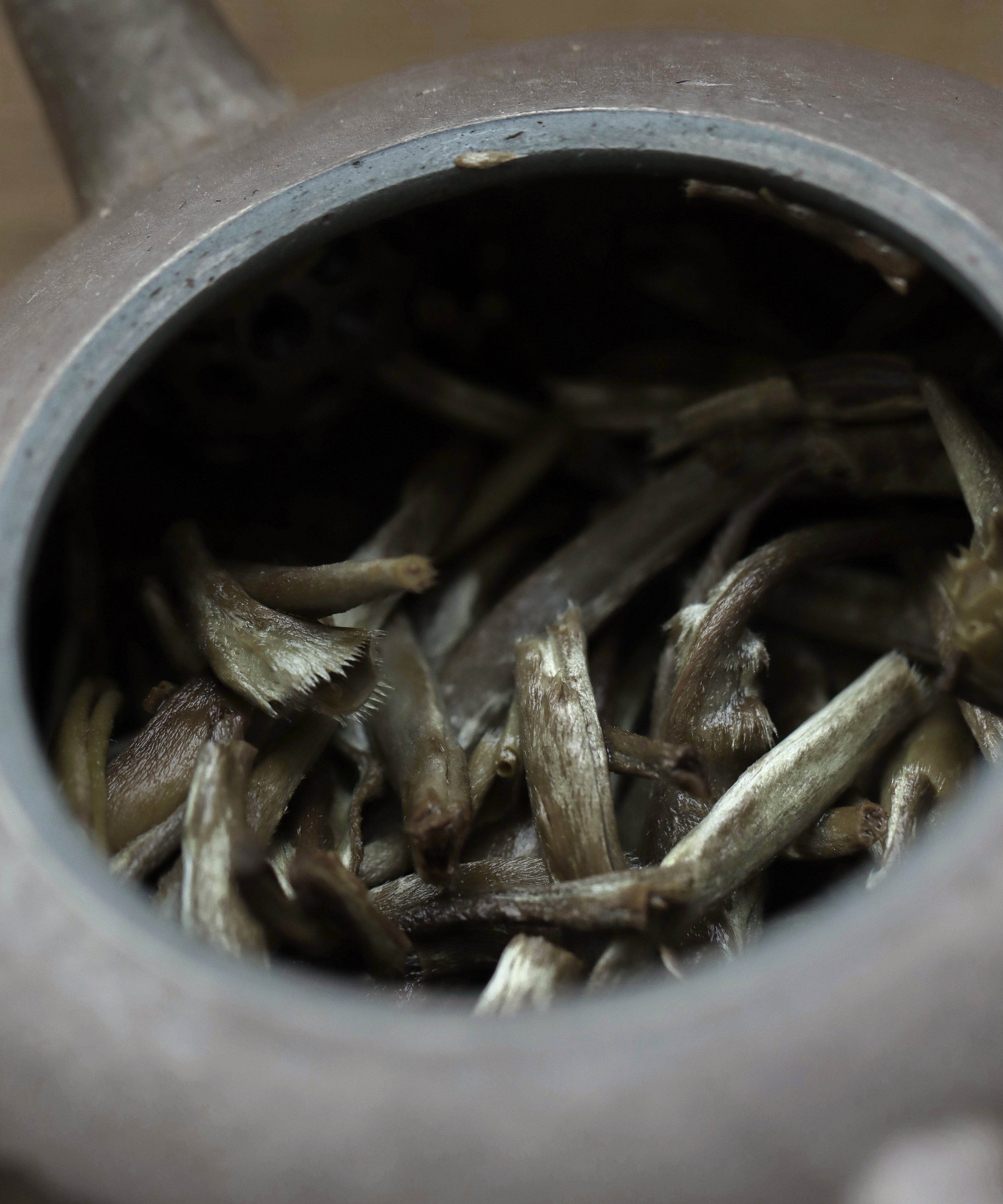 Silver Needle white tea in a vessel ready for brewing